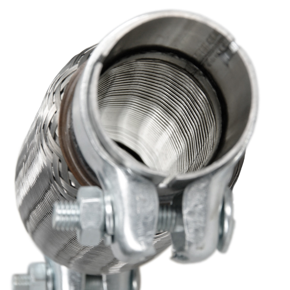 Close-up van een flexibele metalen buis met een gegolfde binnenstructuur.