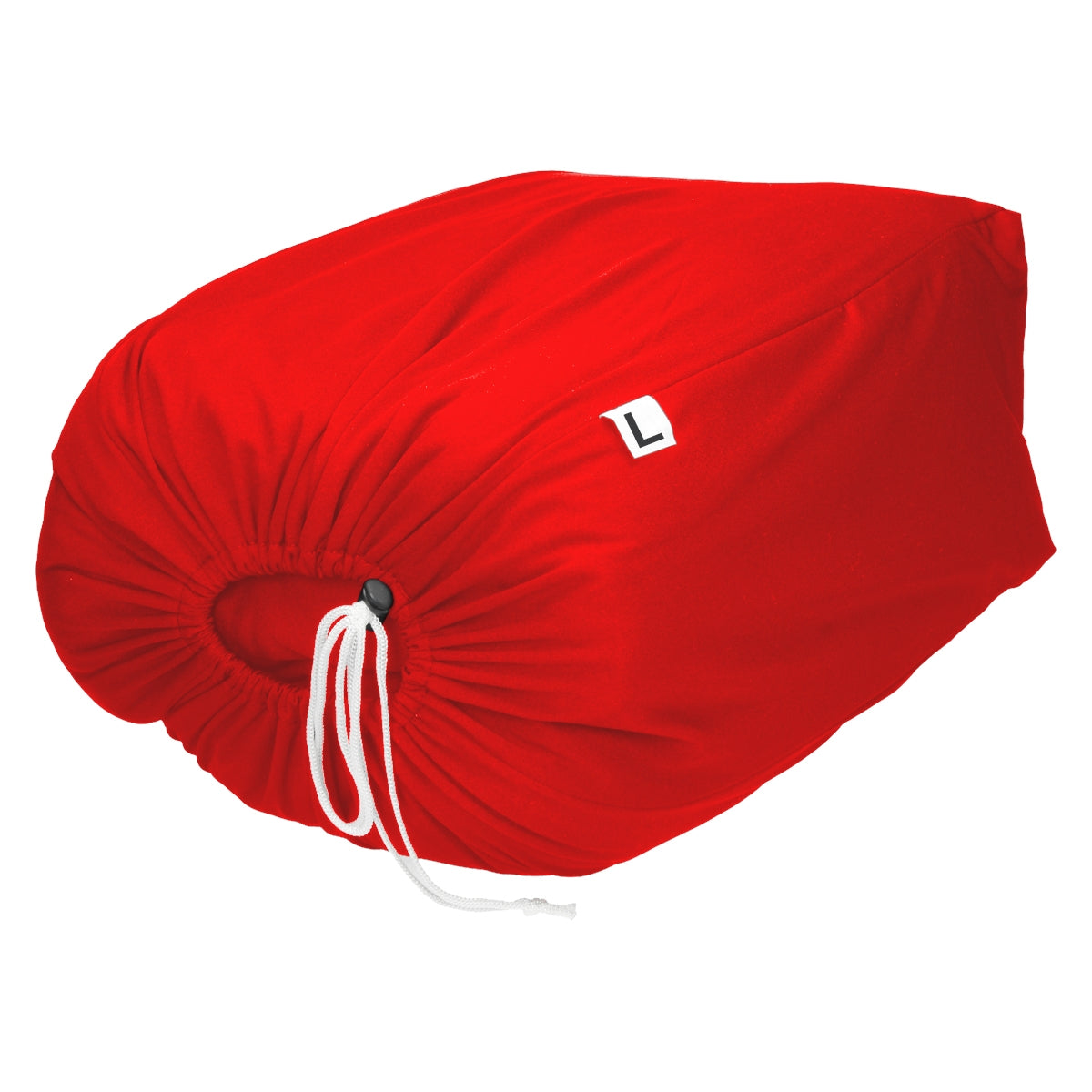 Červený, sbalený obal se šňůrkou, na bílém pozadí.