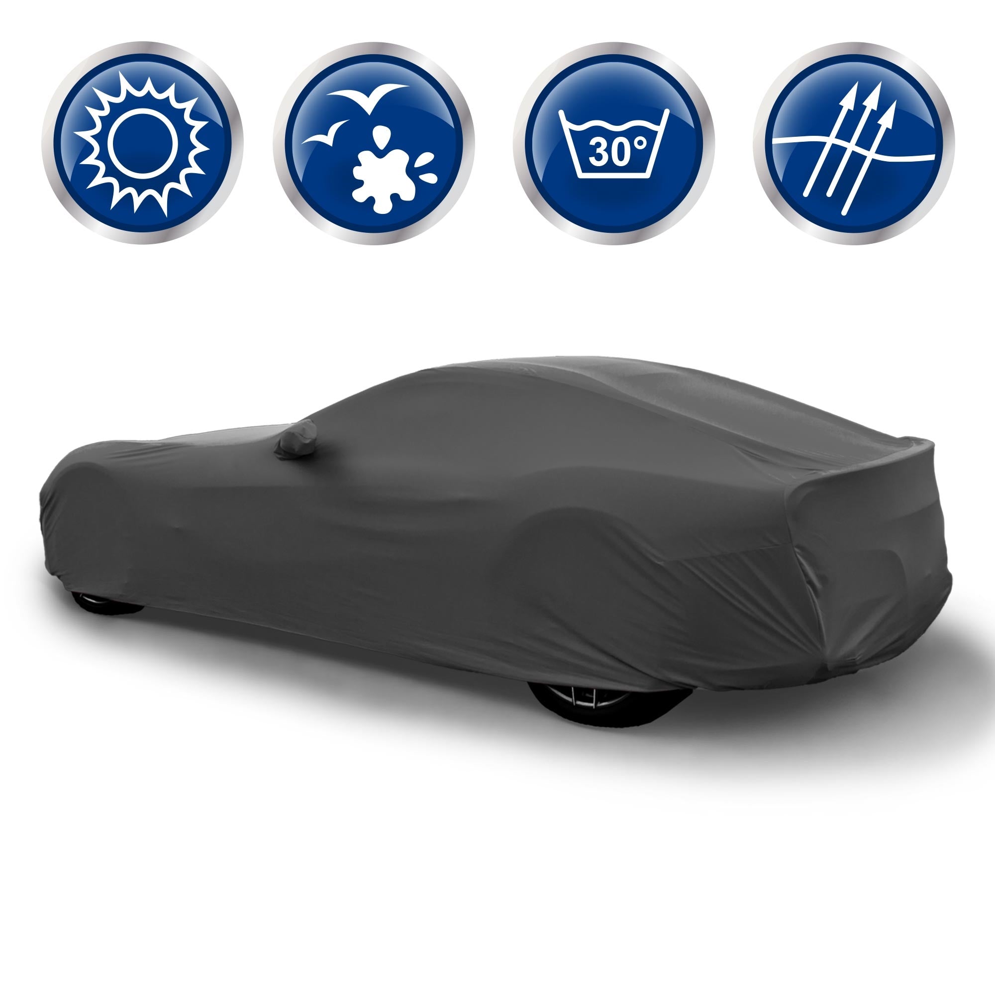 Une voiture sous une housse noire, avec des symboles de protection.