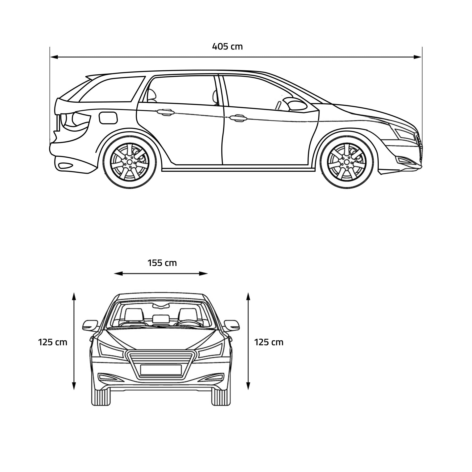Technische Zeichnung eines Autos mit Maßangaben.