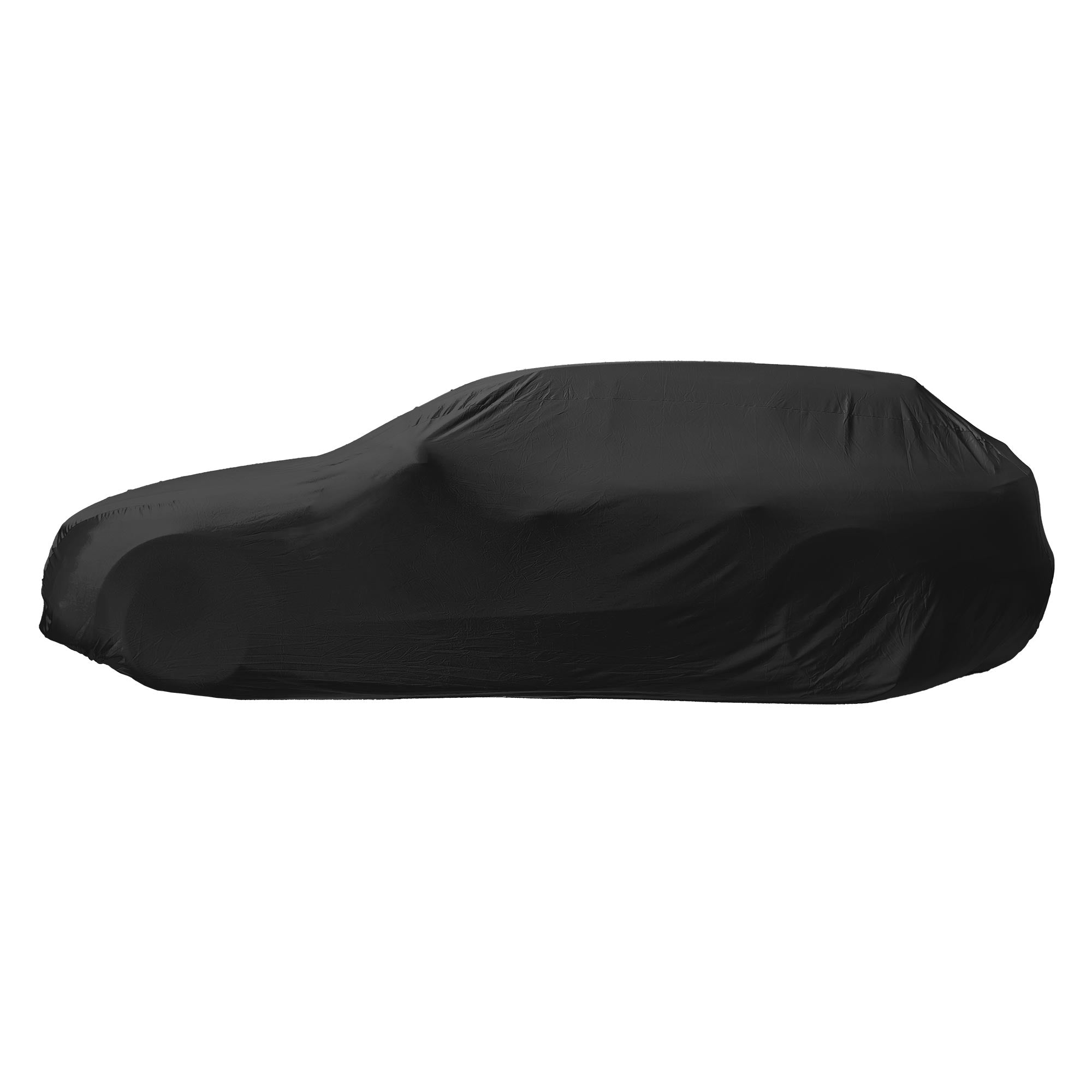 Ein schwarzes Auto, das mit einer Abdeckung geschützt ist.