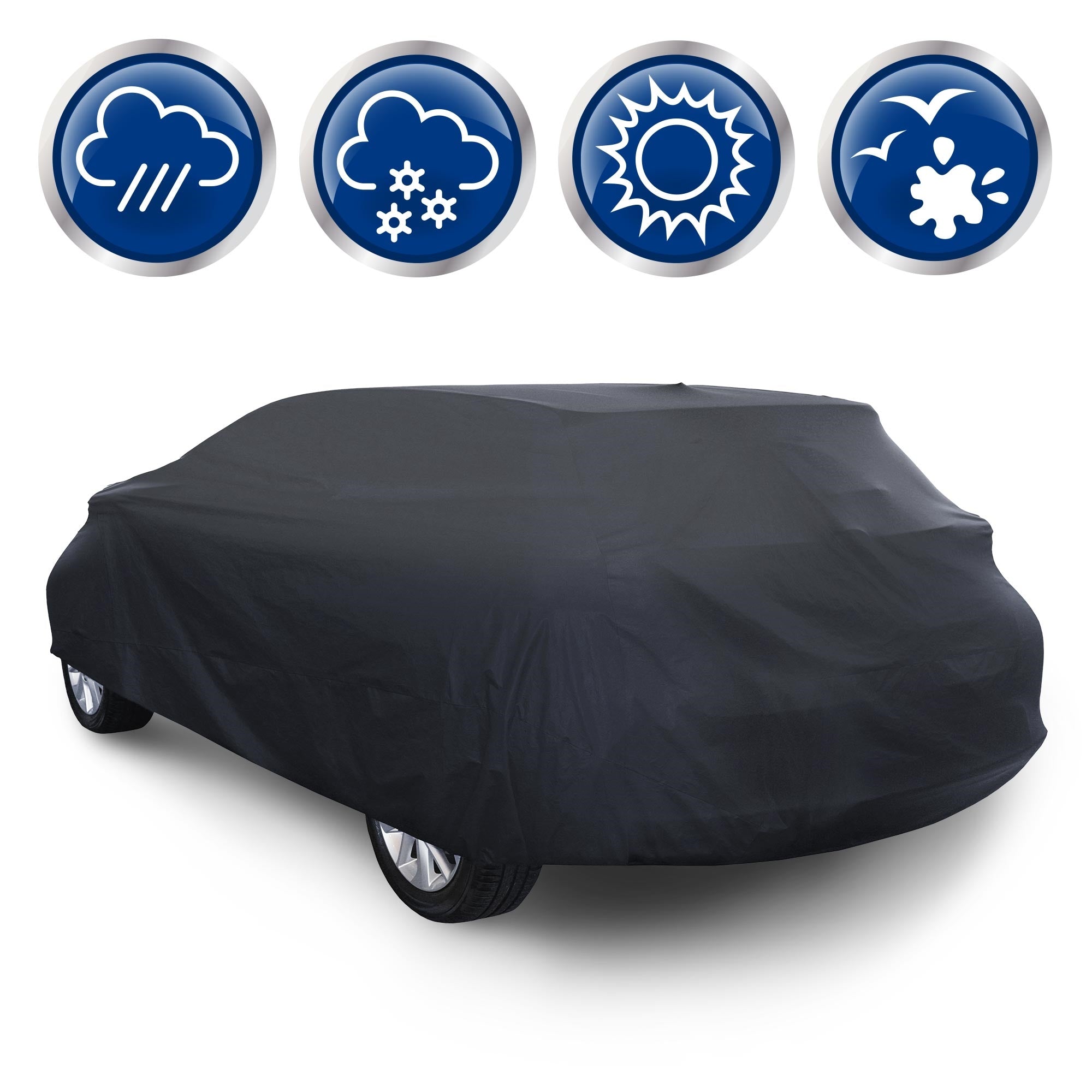 Un coche bajo una funda, rodeado de símbolos de condiciones climáticas.