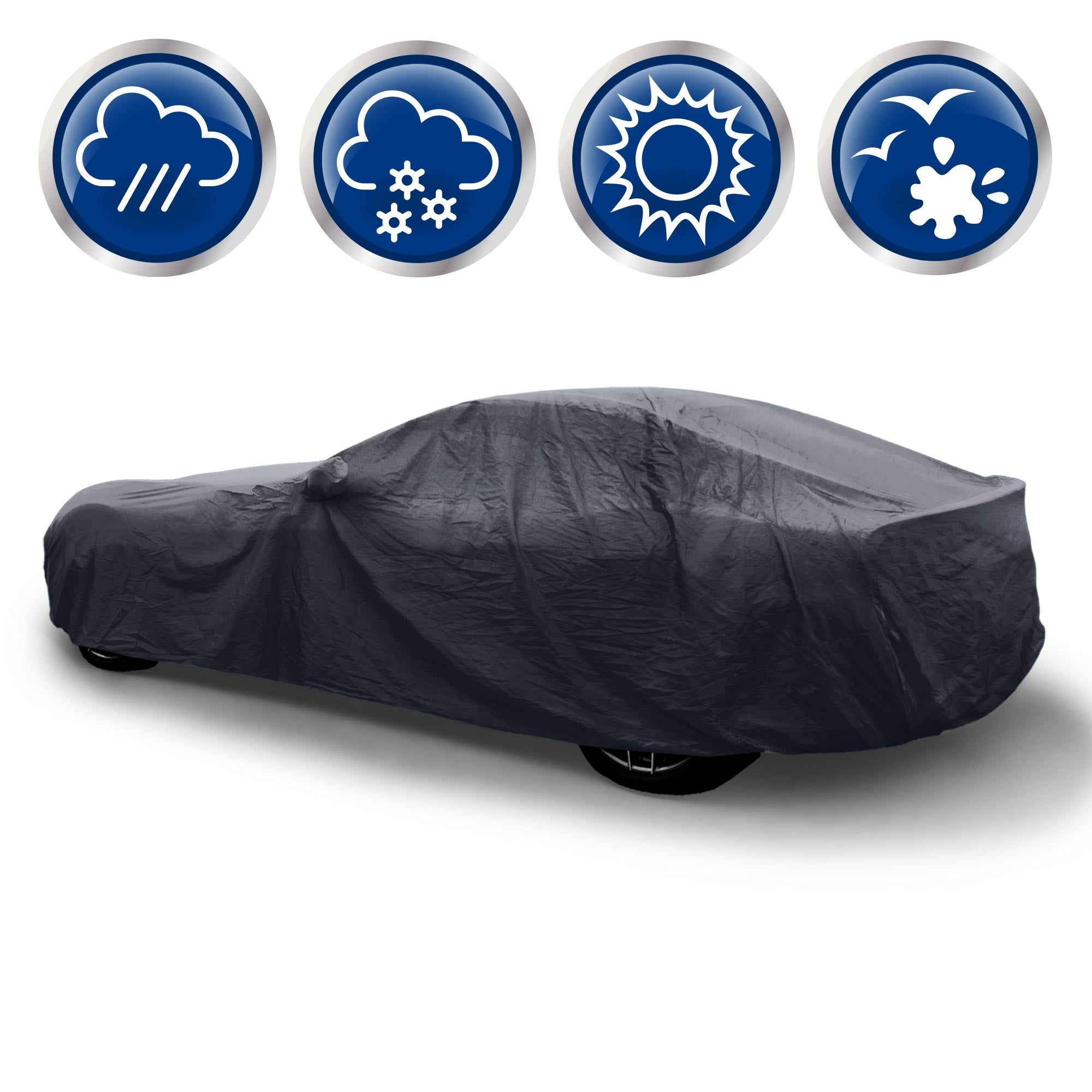 Ein Auto, das mit einer Abdeckplane geschützt ist, umgeben von Wetter-Symbolen.