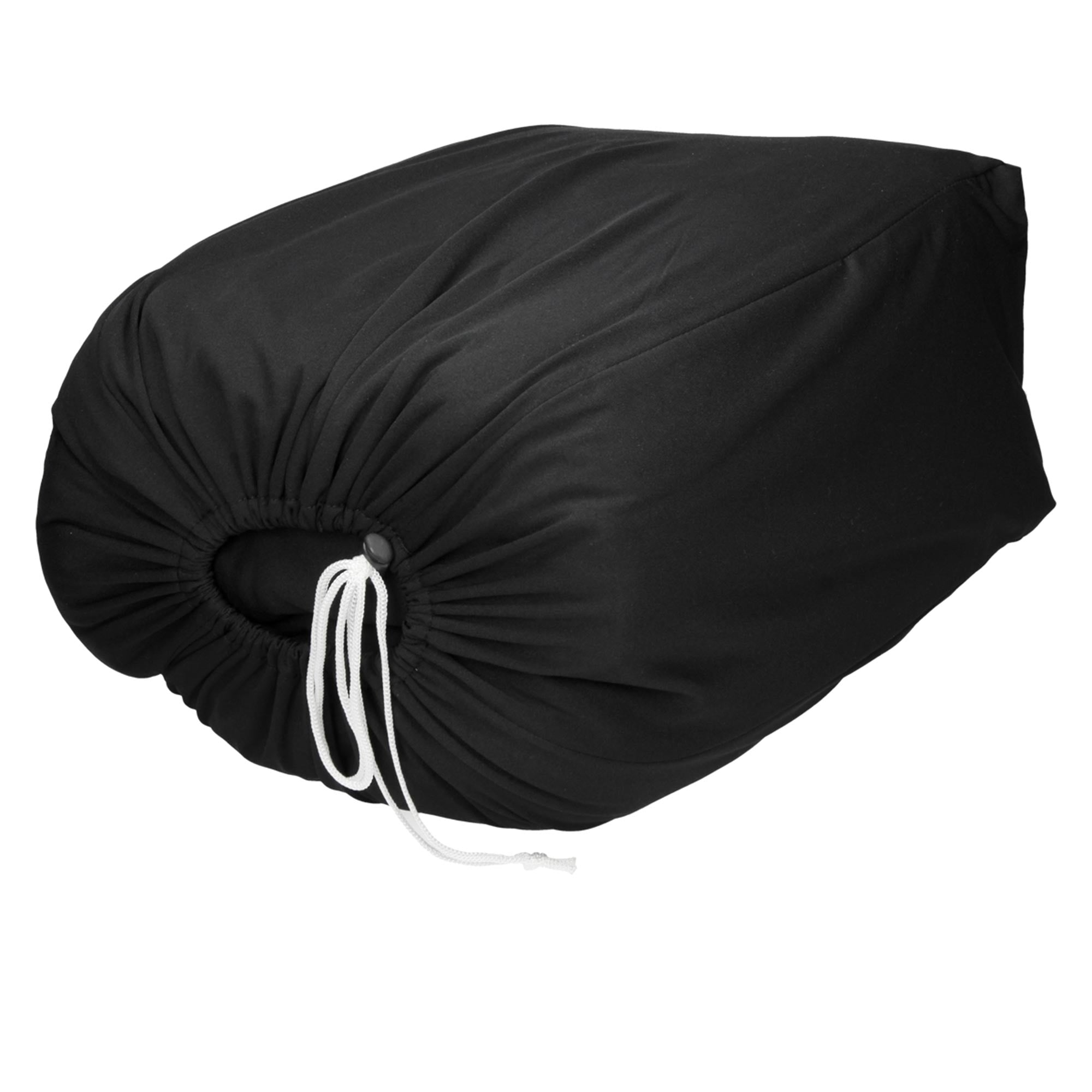 Et sort, sammenkrøllet objekt med en hvid snorelukning.