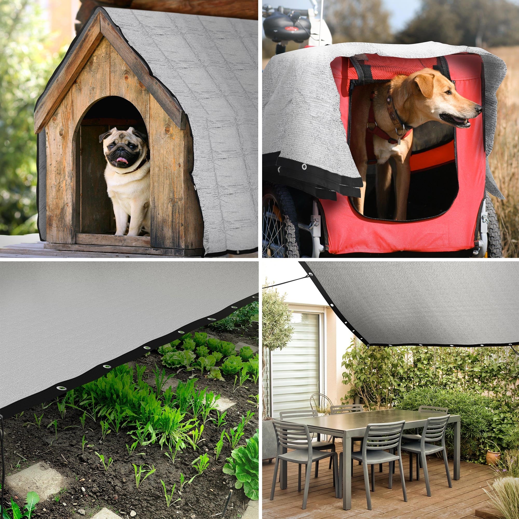Quatre images : niche pour chien, chien dans une voiture, plantes et table avec protection solaire.
