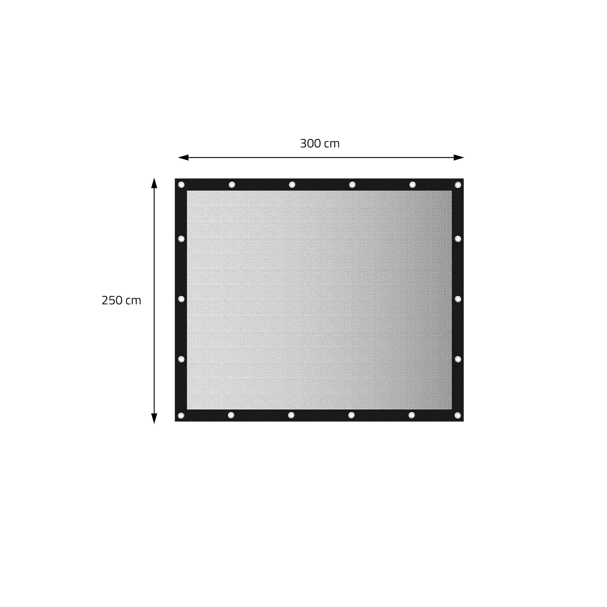 Bâche rectangulaire avec des dimensions de 300 cm x 250 cm et des œillets sur le bord.