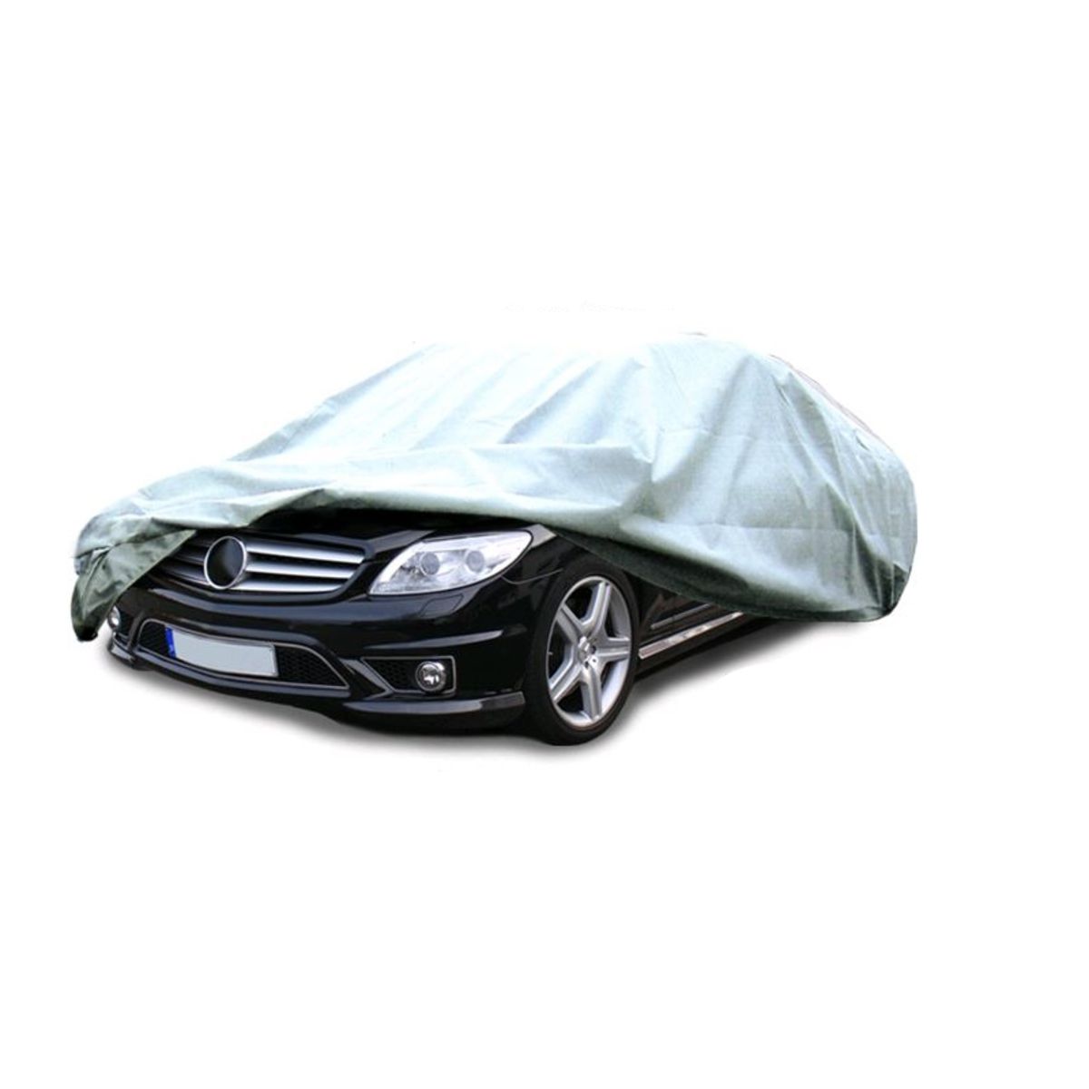 Black car covered with a gray cover.