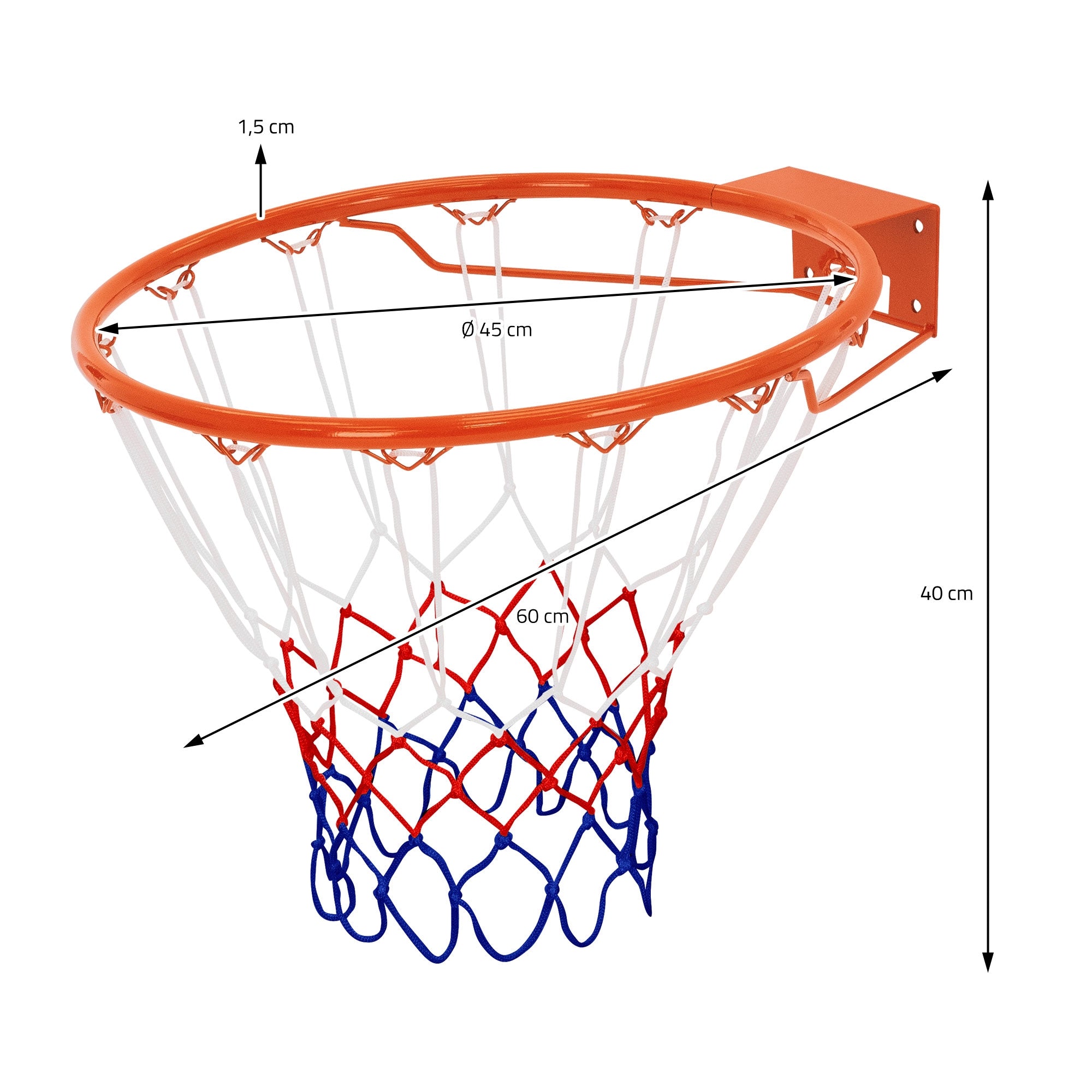 Canestro da basket con misure, arancione e blu, montato su una parete.
