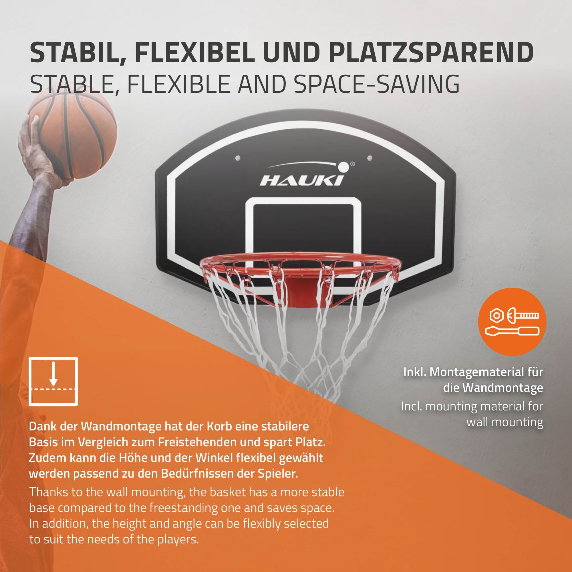 Panier de basket monté sur un mur, avec instructions de montage.