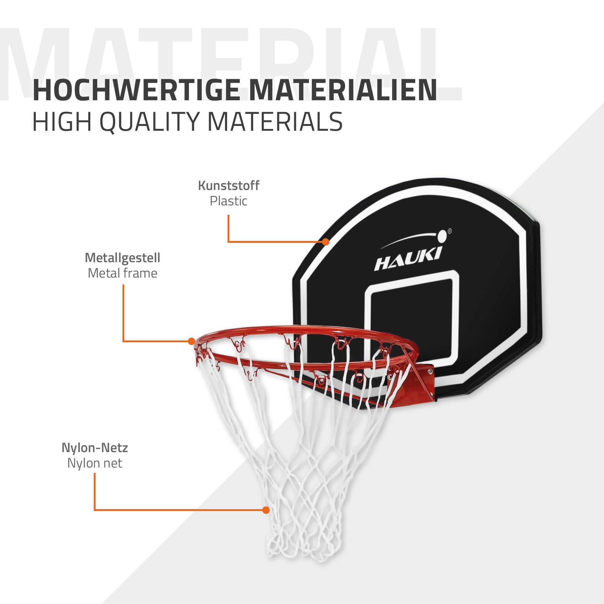 Panier de basket avec panneau en plastique et cadre en métal, filet en nylon.