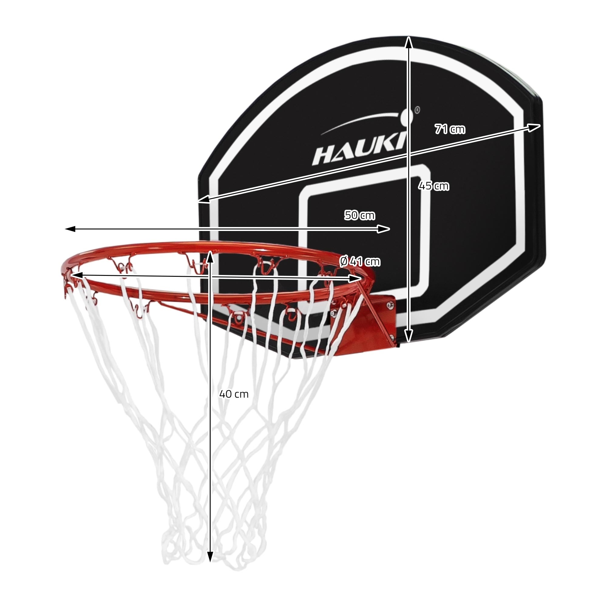 Panier de basket avec dimensions, panneau en plastique et cadre en métal.