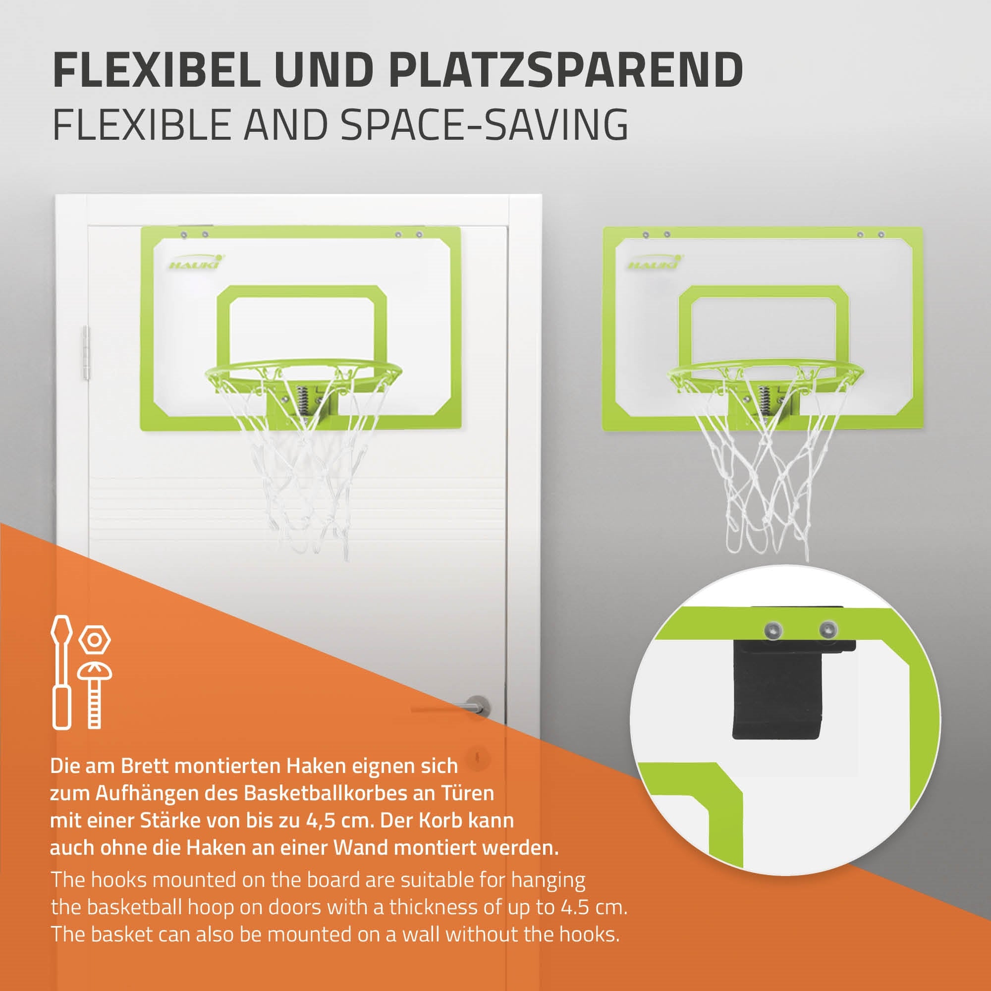 Basketballkurv med fleksibel montering på en dør, inklusive kroge og monteringsvejledning.