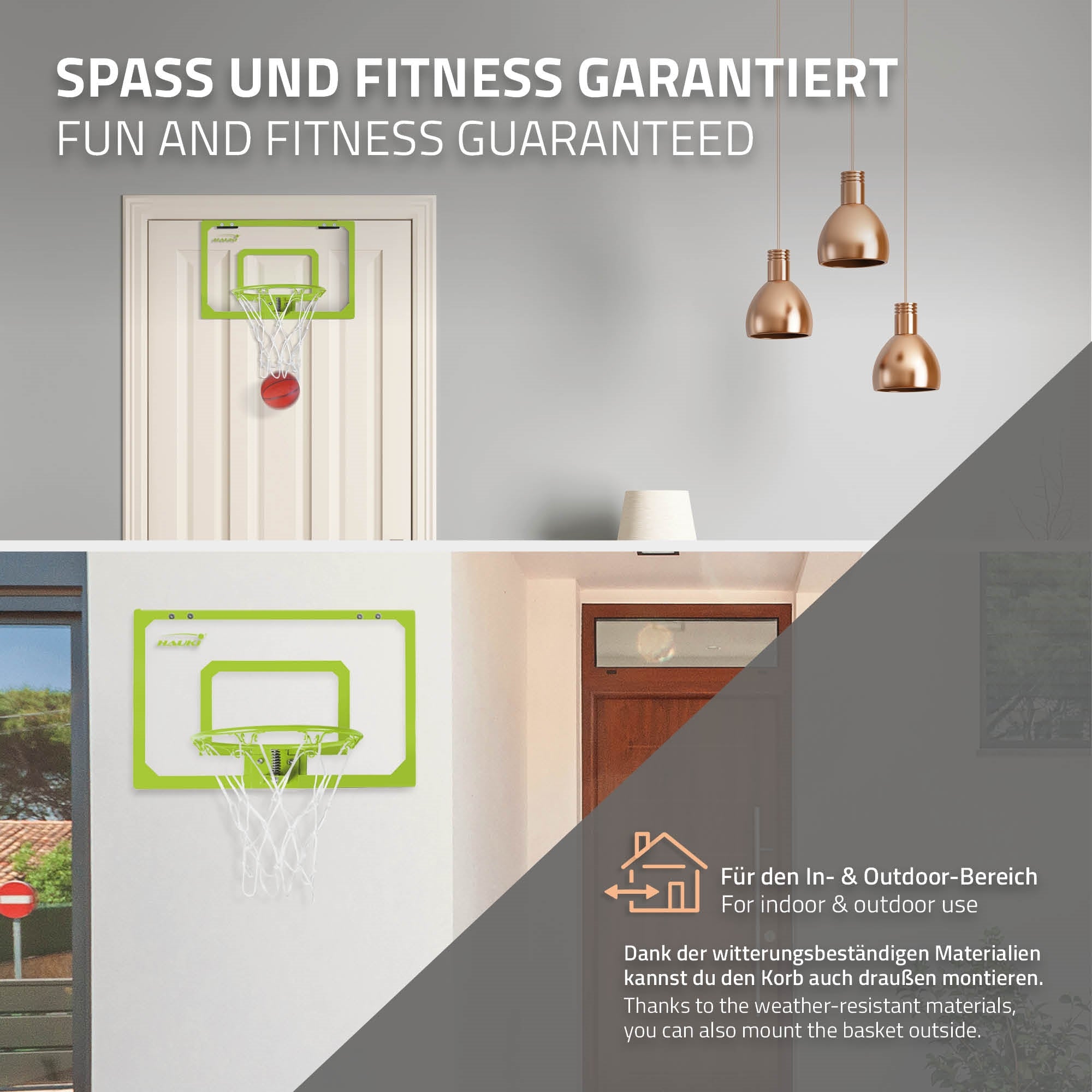 Basketballkurv på en væg med dekorative lamper i baggrunden.