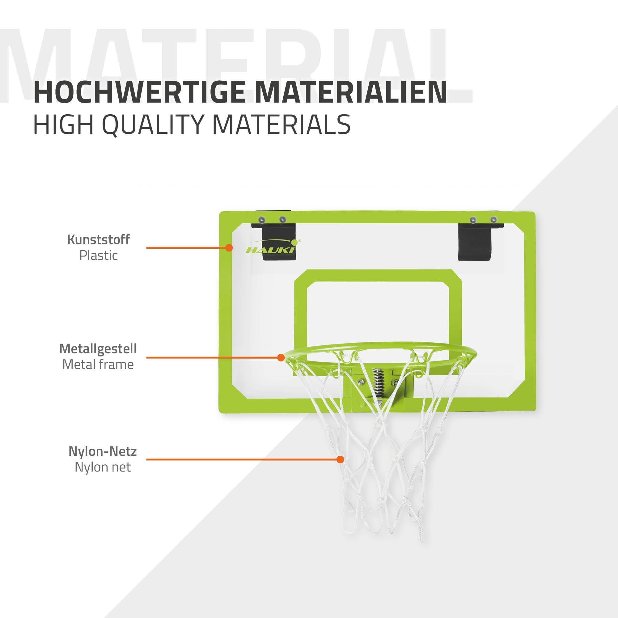Basketballkurv med beskrivelse af materialerne på en hvid baggrund.
