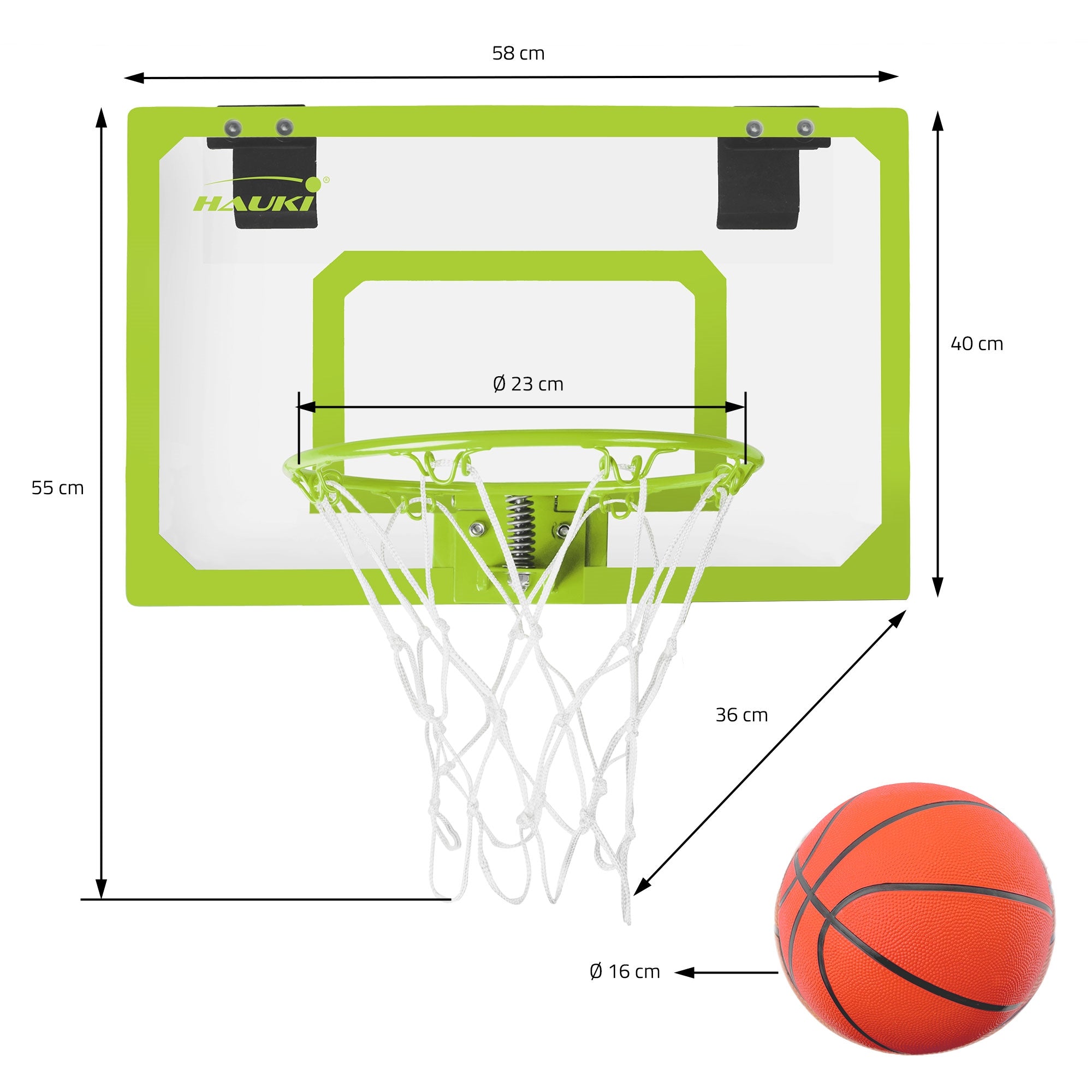 Basketballkurv med dimensioner og en basketball ved siden af på en hvid baggrund.