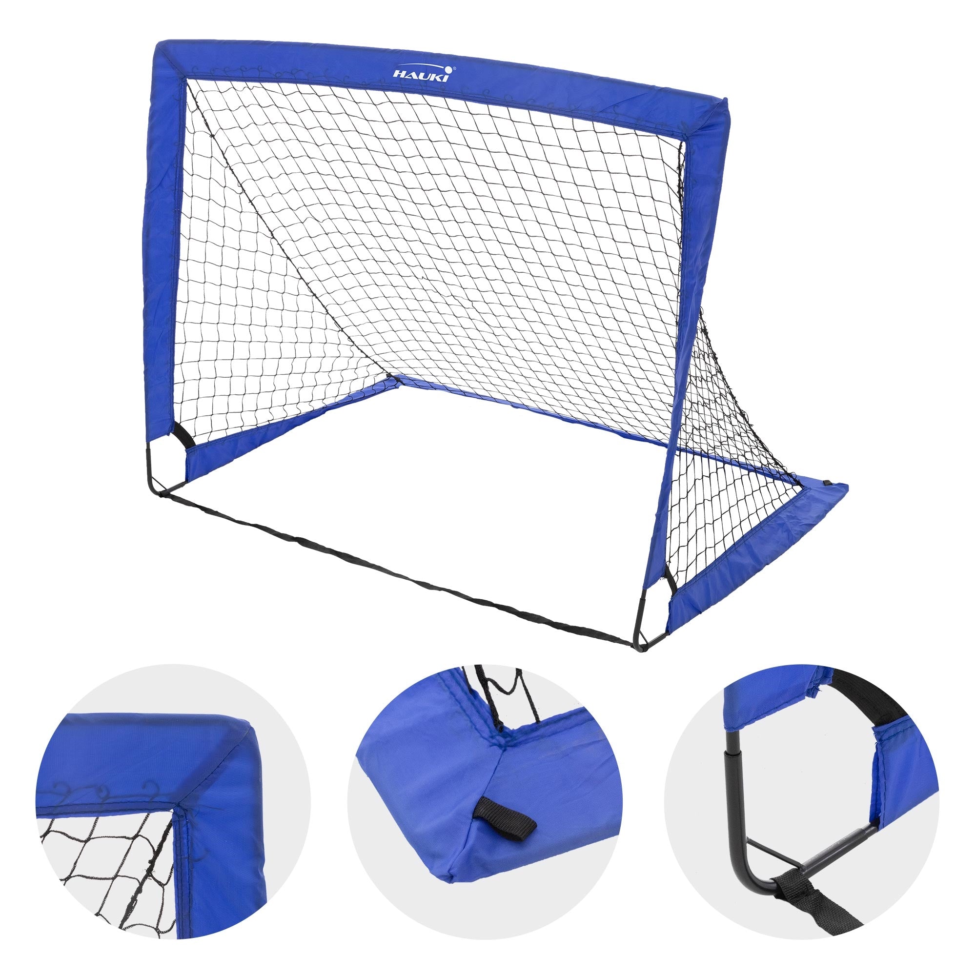 Blauw voetbaldoel met net, op een witte achtergrond.