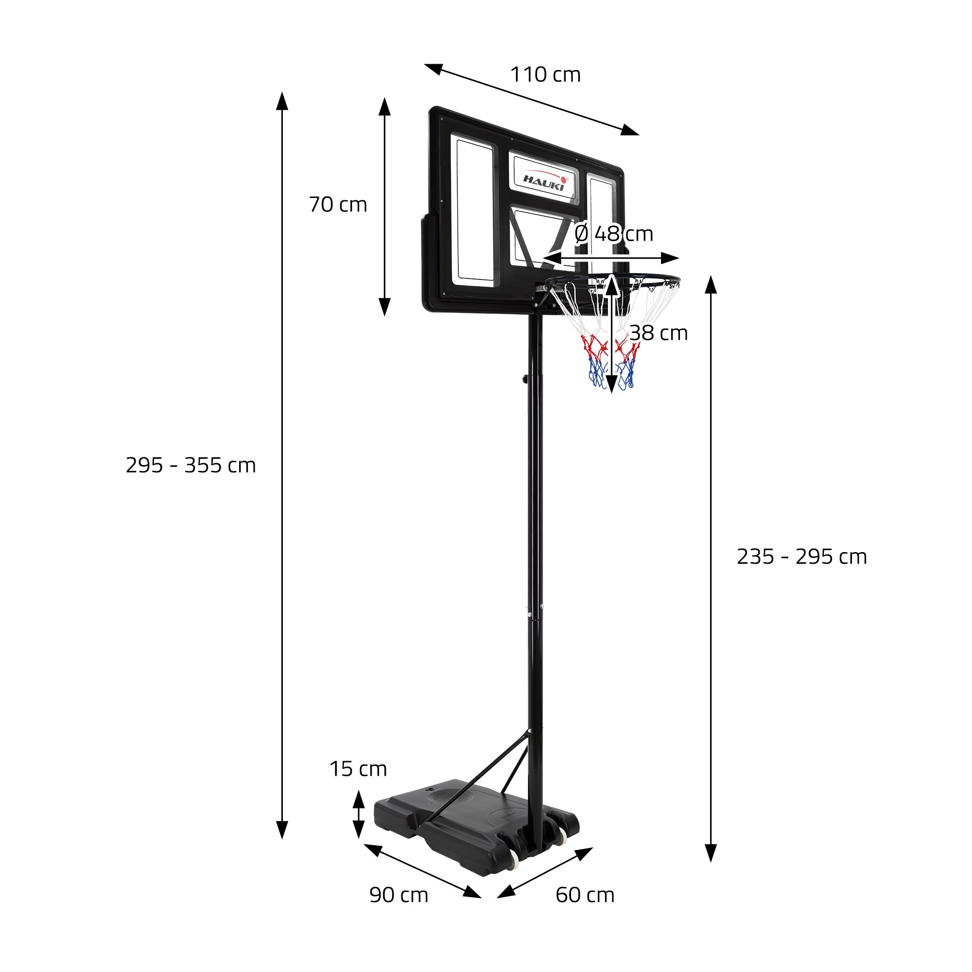 Panier de basket avec dimensions et détails sur la hauteur et la largeur.