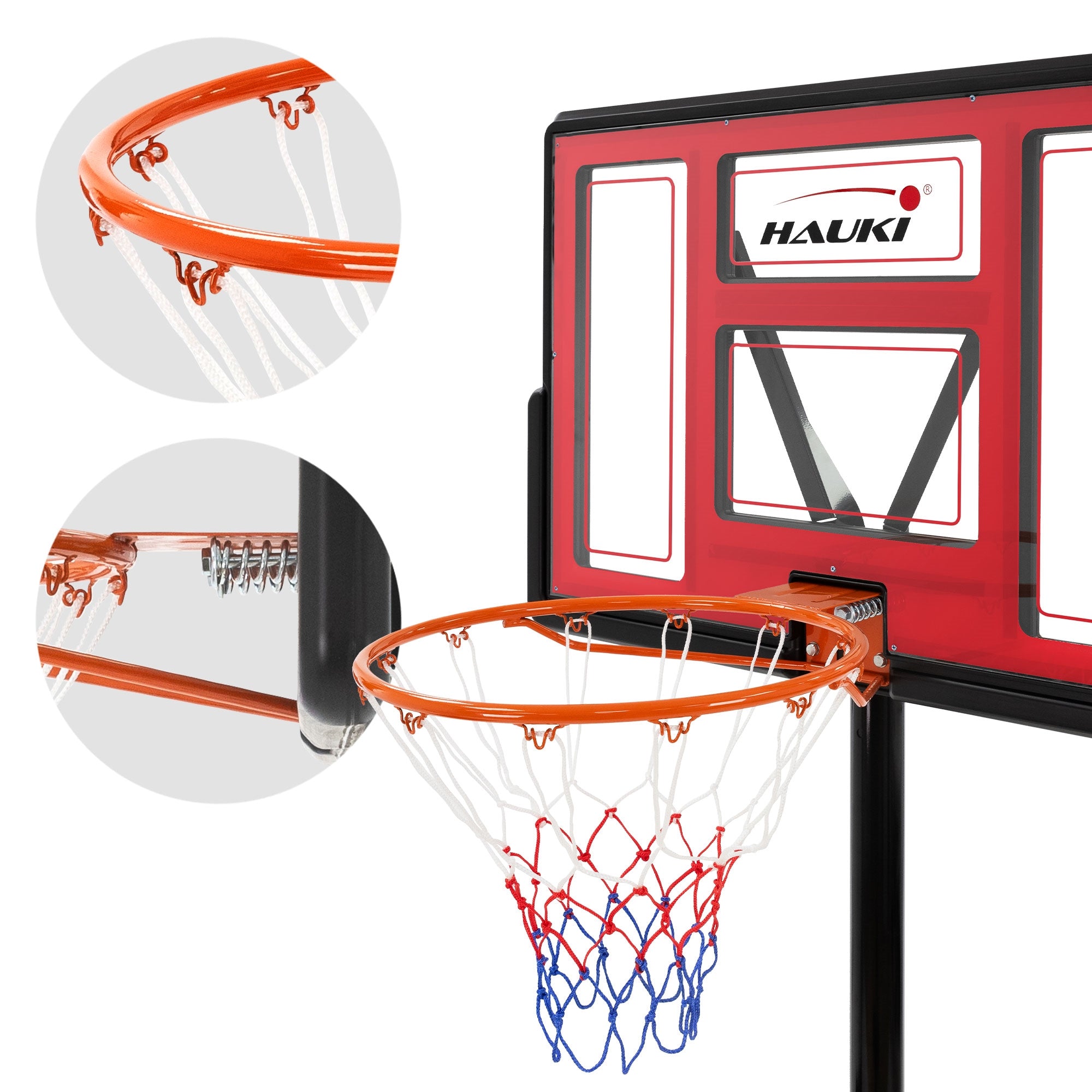Detaljevisning af basketballkurven med orange ring og net.