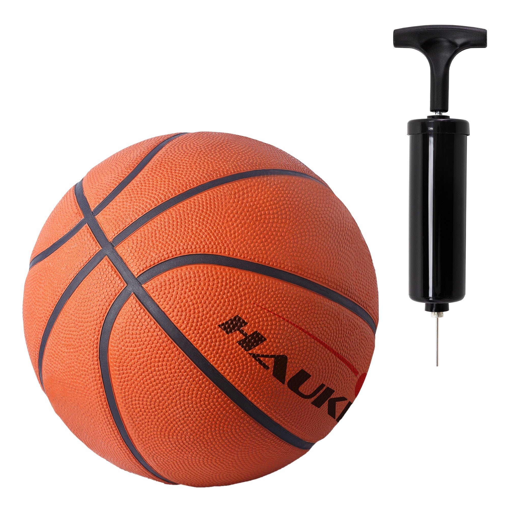 Nærbillede af en orange basketball og en sort pumpe.