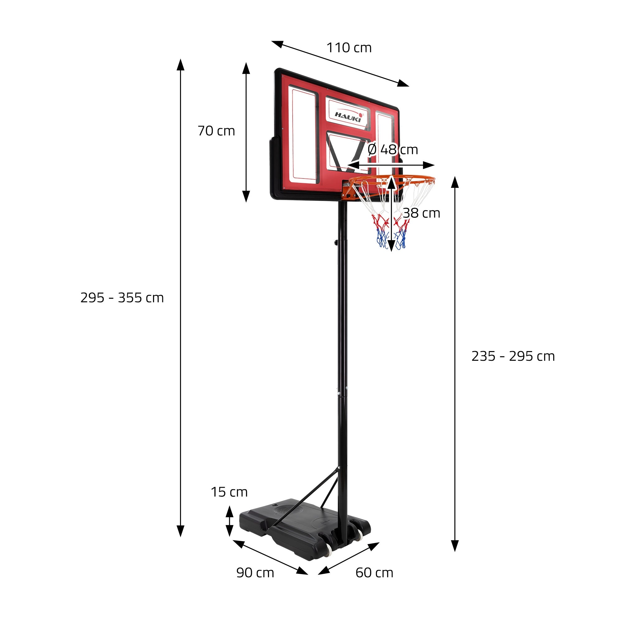 Teknisk tegning af en basketballkurv med mål.