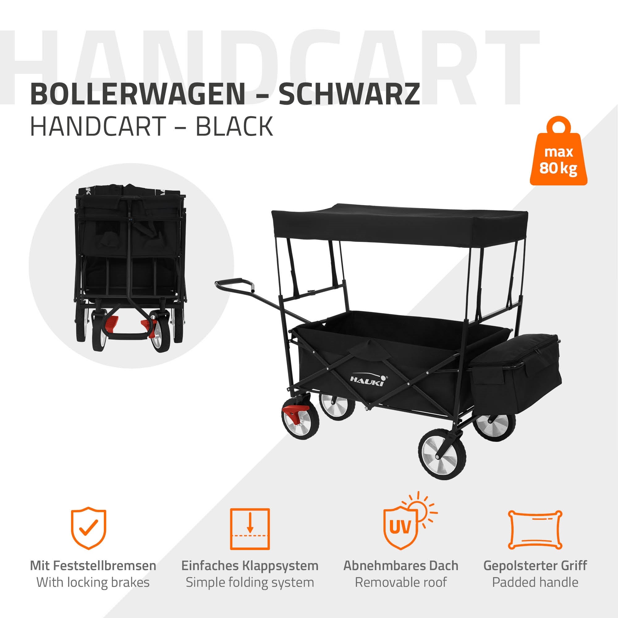 Schwarzer Handwagen mit Klappmechanismus und abnehmbarem Dach.