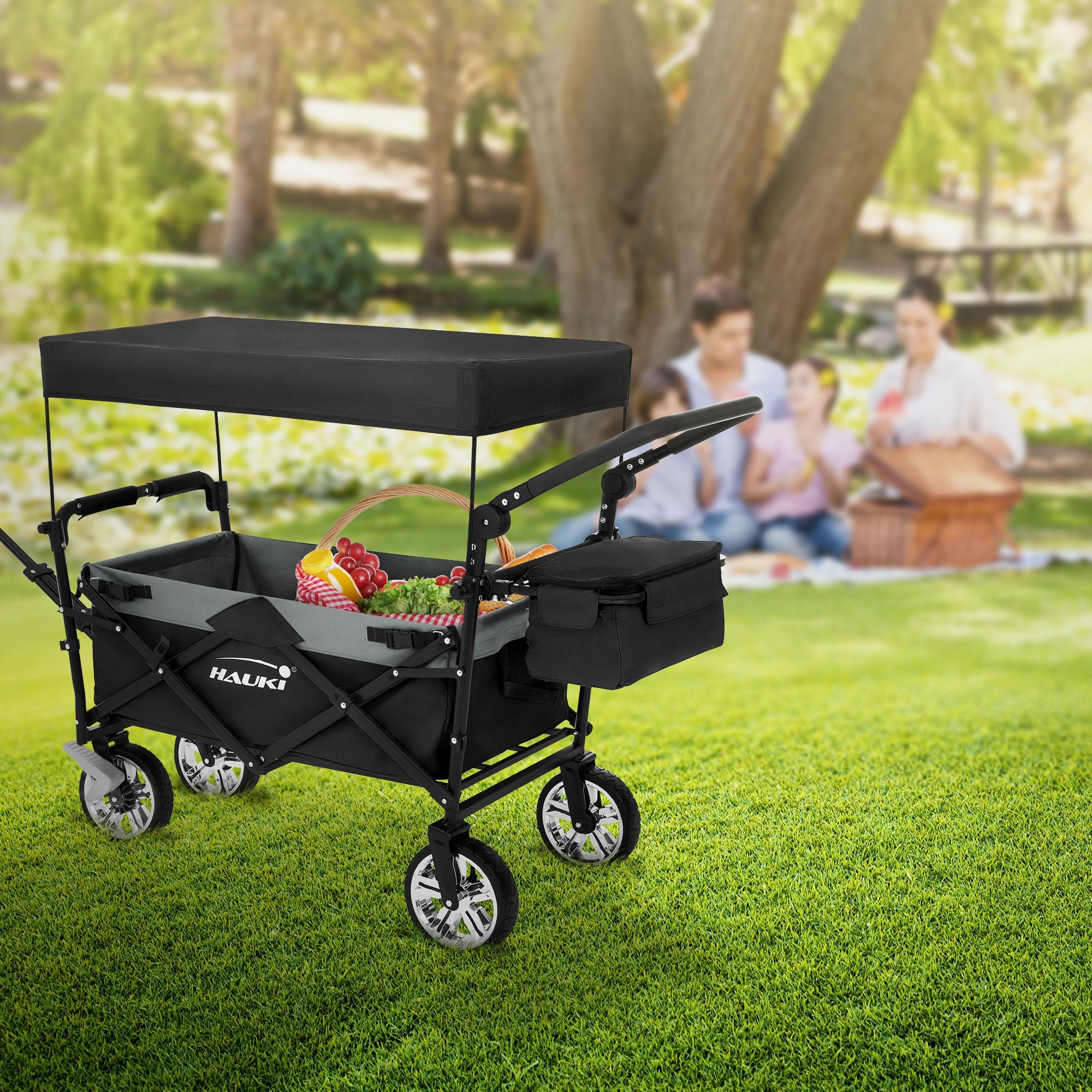 Ein Kinderwagen mit Obst auf einer Wiese, im Hintergrund eine Familie 