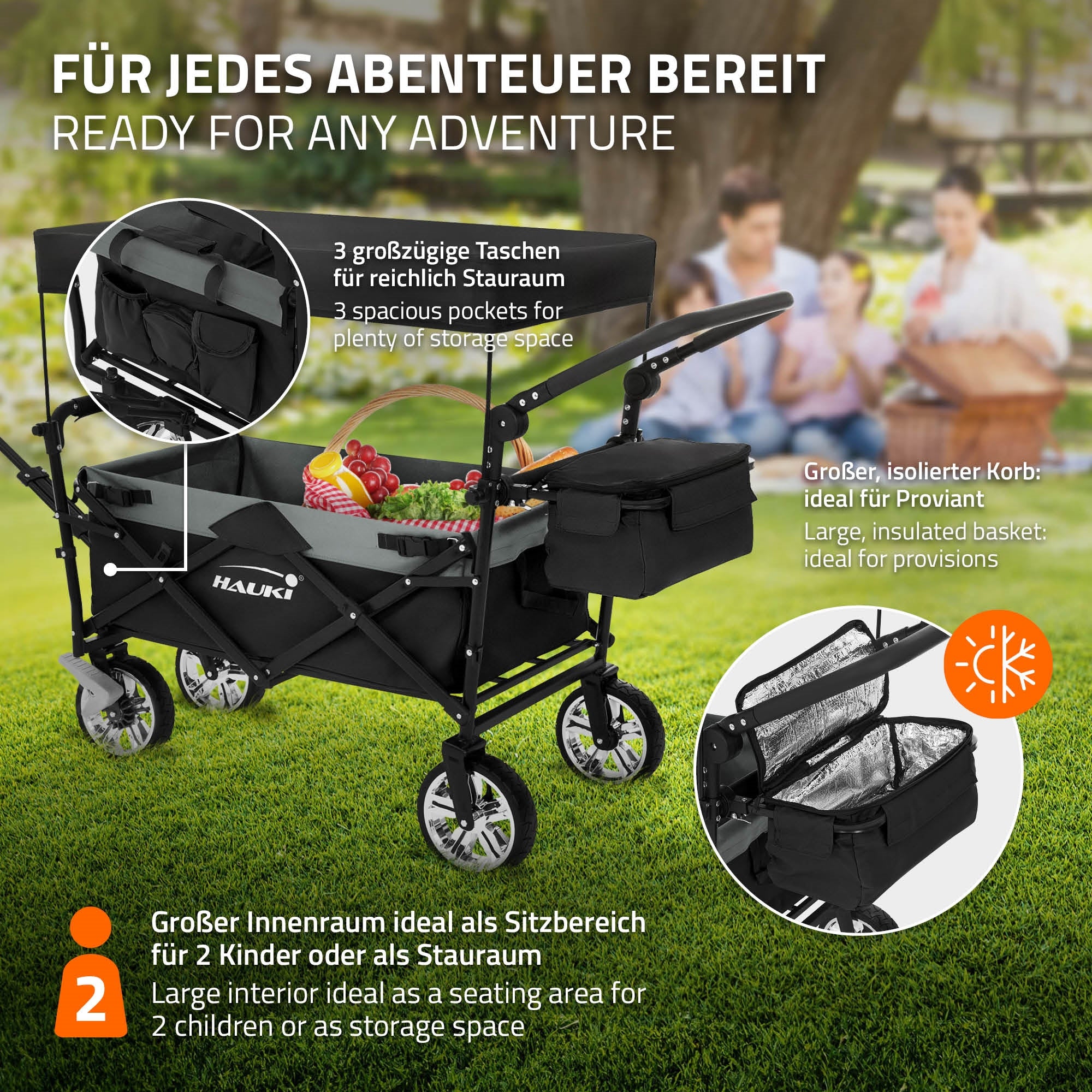 Wagen mit Taschen im Freien, ideal für Abenteuer, mit Platz für zwei K