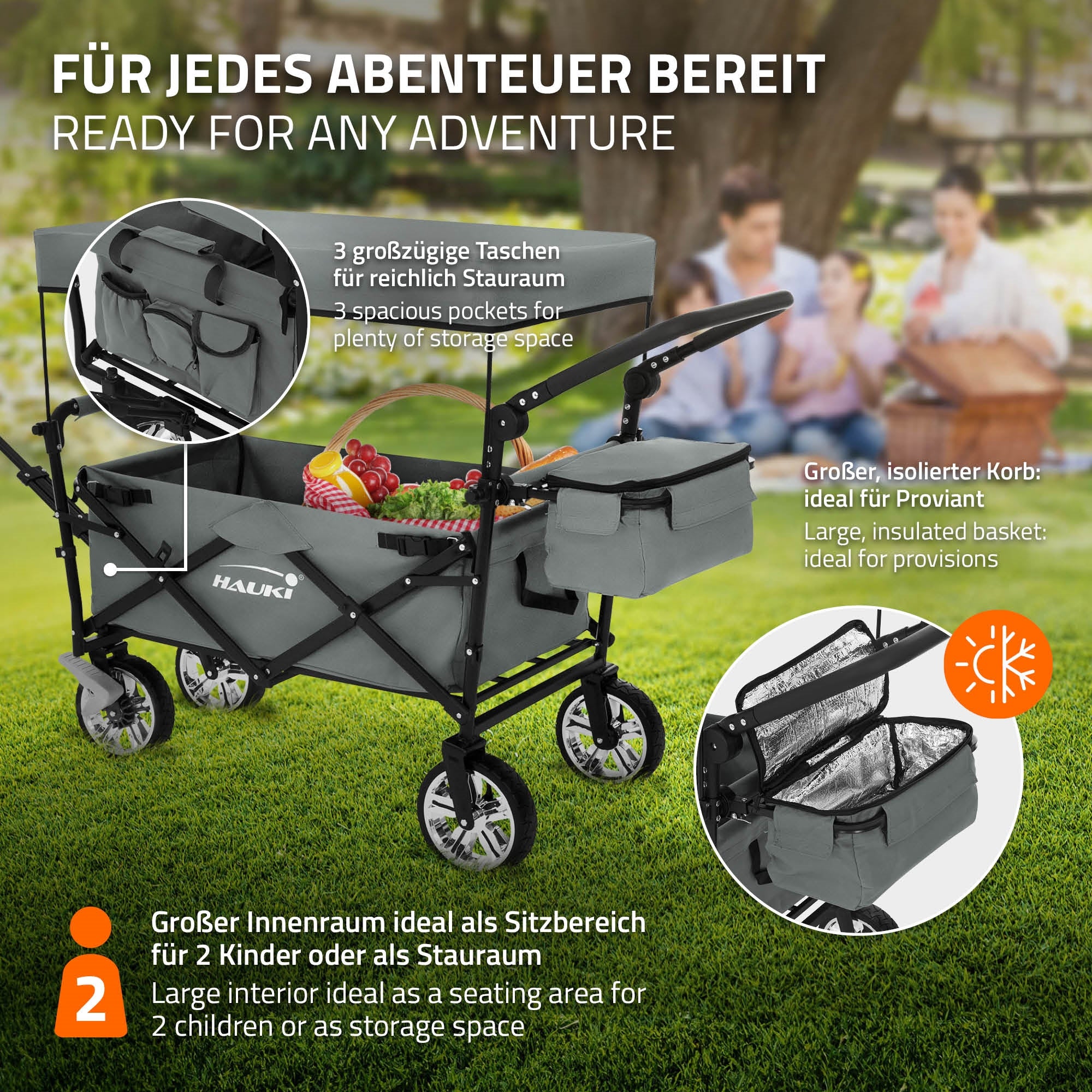 Wagon avec des sacs à l'extérieur, idéal pour l'aventure, avec de la place pour deux enfants.