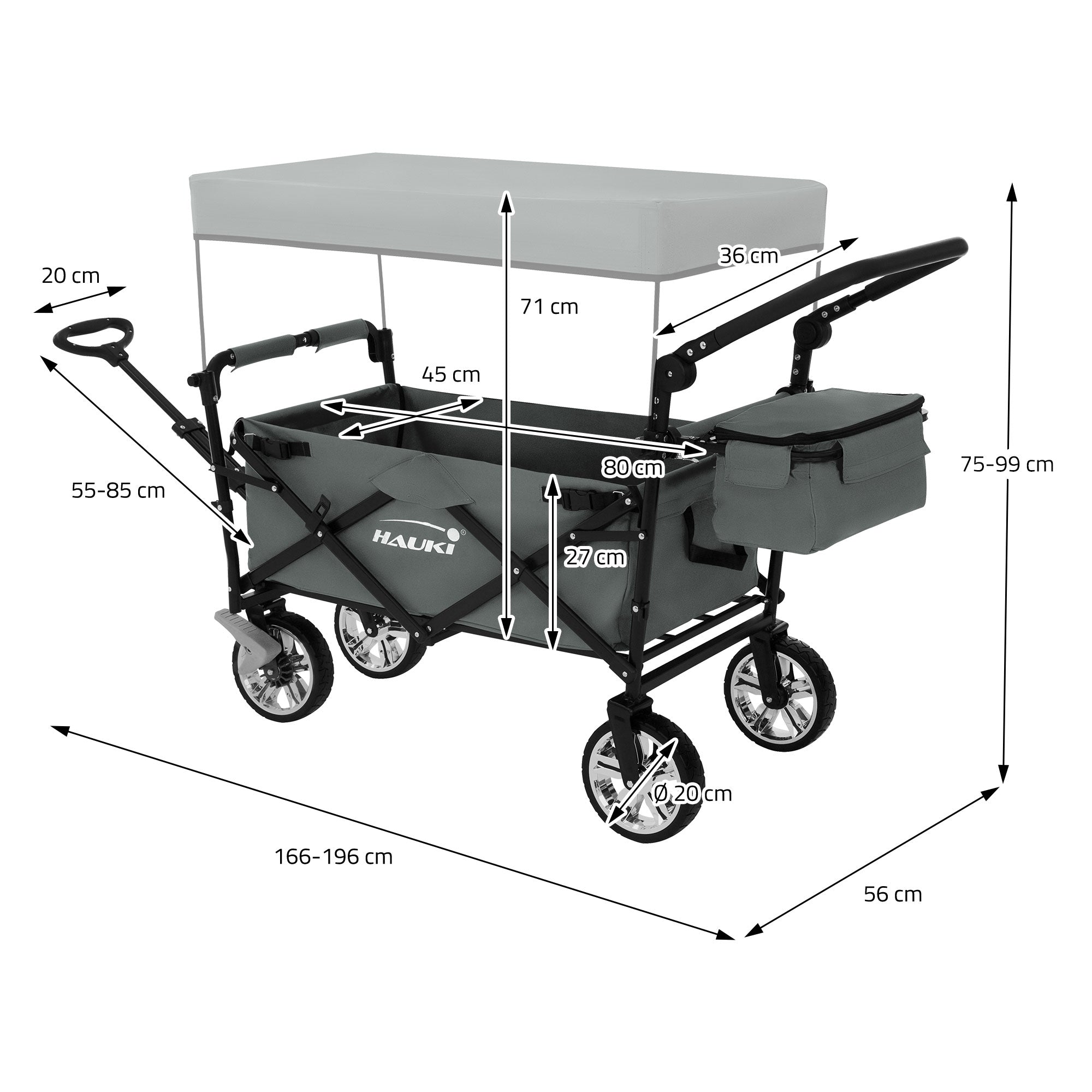 Wagon de jardin avec des mesures et dimensions, gris avec un auvent.