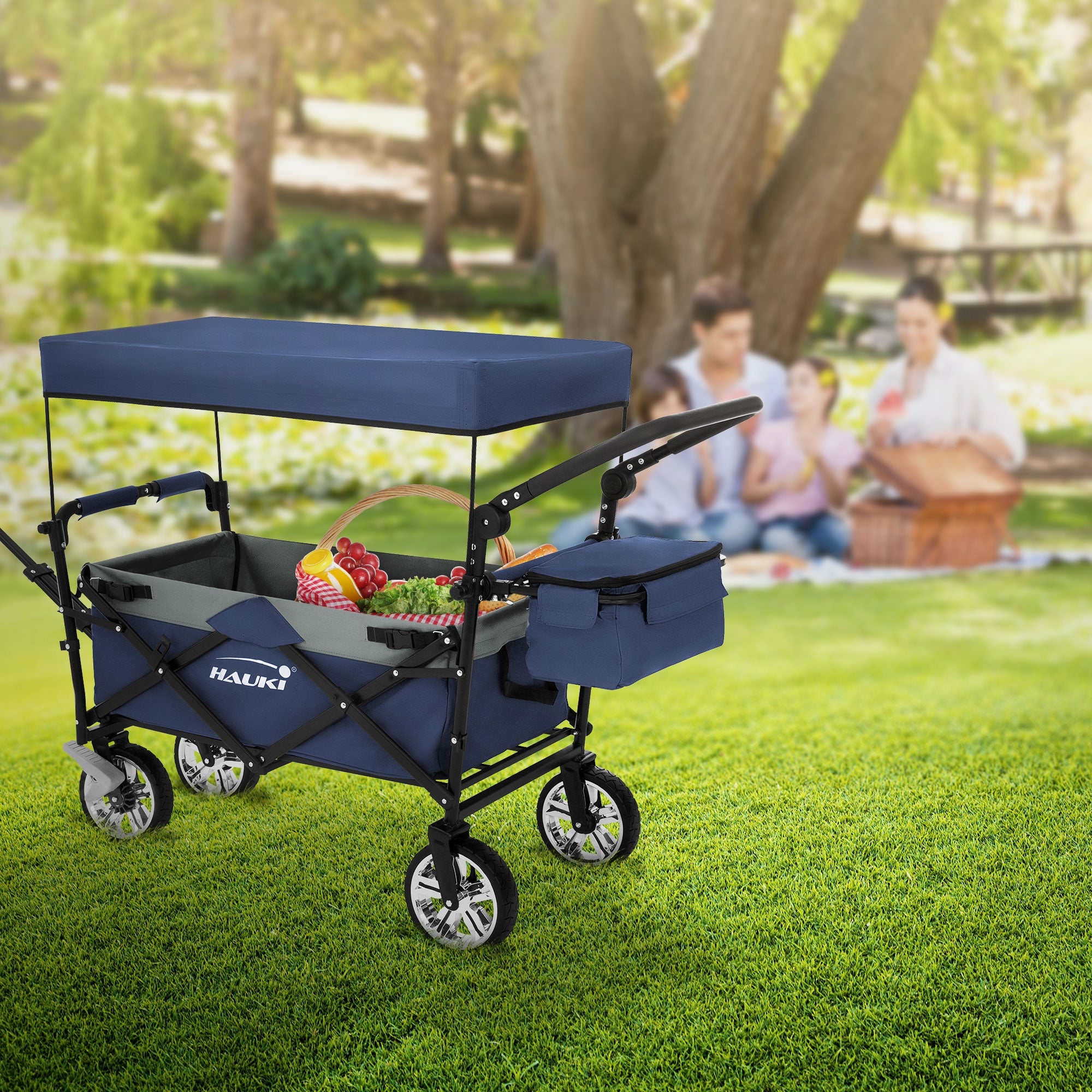 Passeggino con cestino per la frutta nel parco, famiglia sullo sfondo durante un picnic.