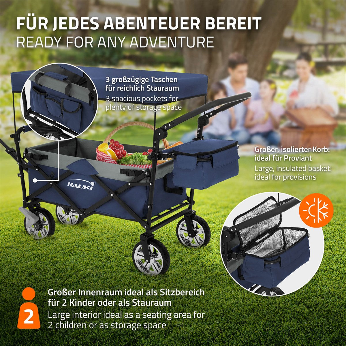 Faltbarer Wagen mit Stauraum, zwei Sitzen und isoliertem Korb.