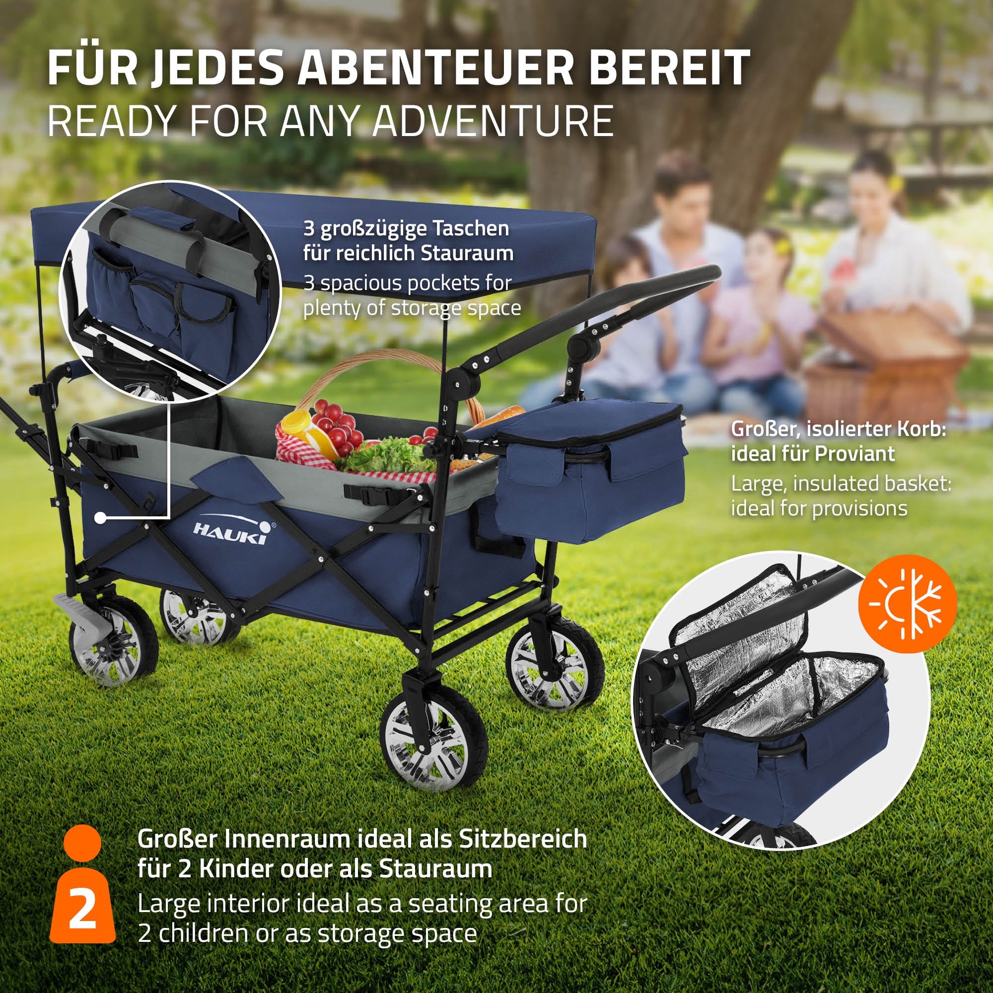 Faltbarer Wagen mit Stauraum, zwei Sitzen und isoliertem Korb.