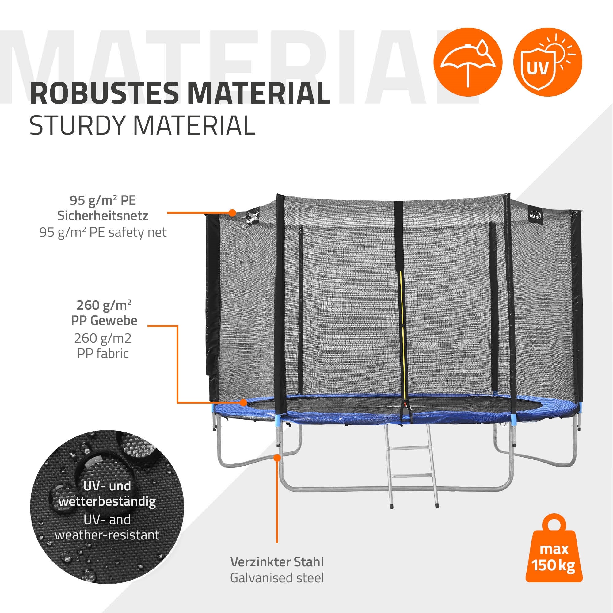 Trampoliini kestävästä materiaalista, säänkestävä, max. 150 kg.