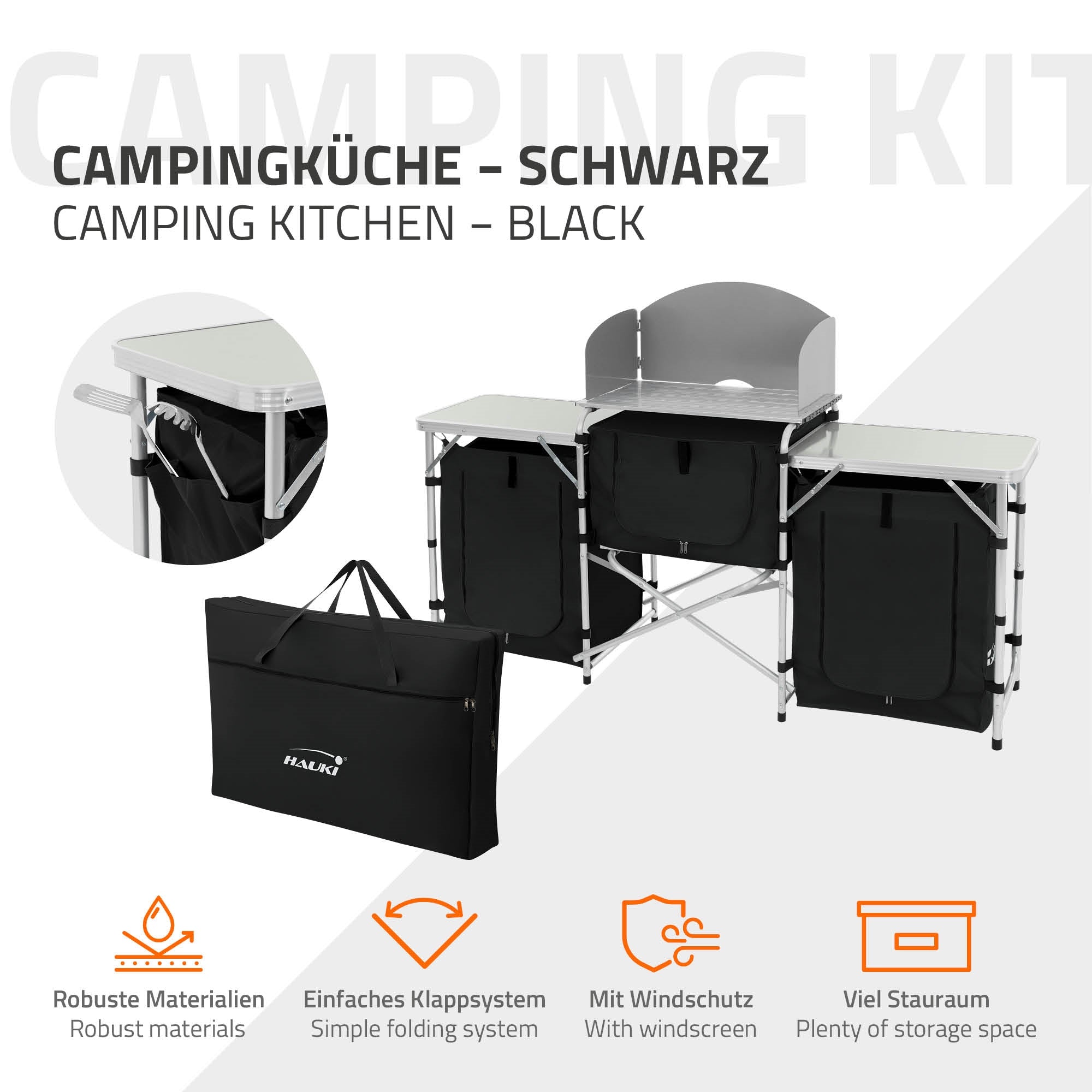 Graphique d'une cuisine de camping noire avec mécanisme pliant et espace de rangement.