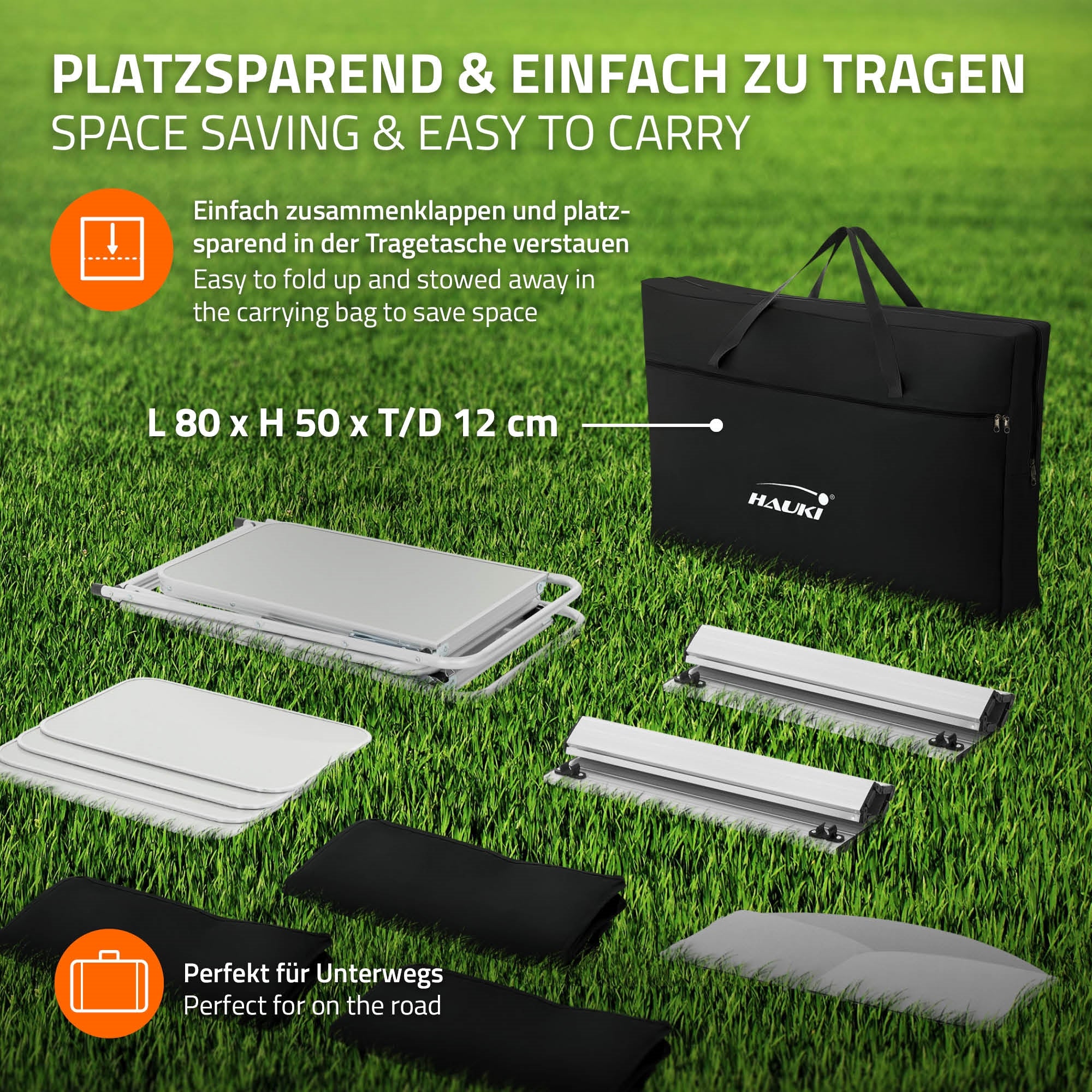 Mobilier de camping plié dans un sac de transport, peu encombrant et facile à transporter.