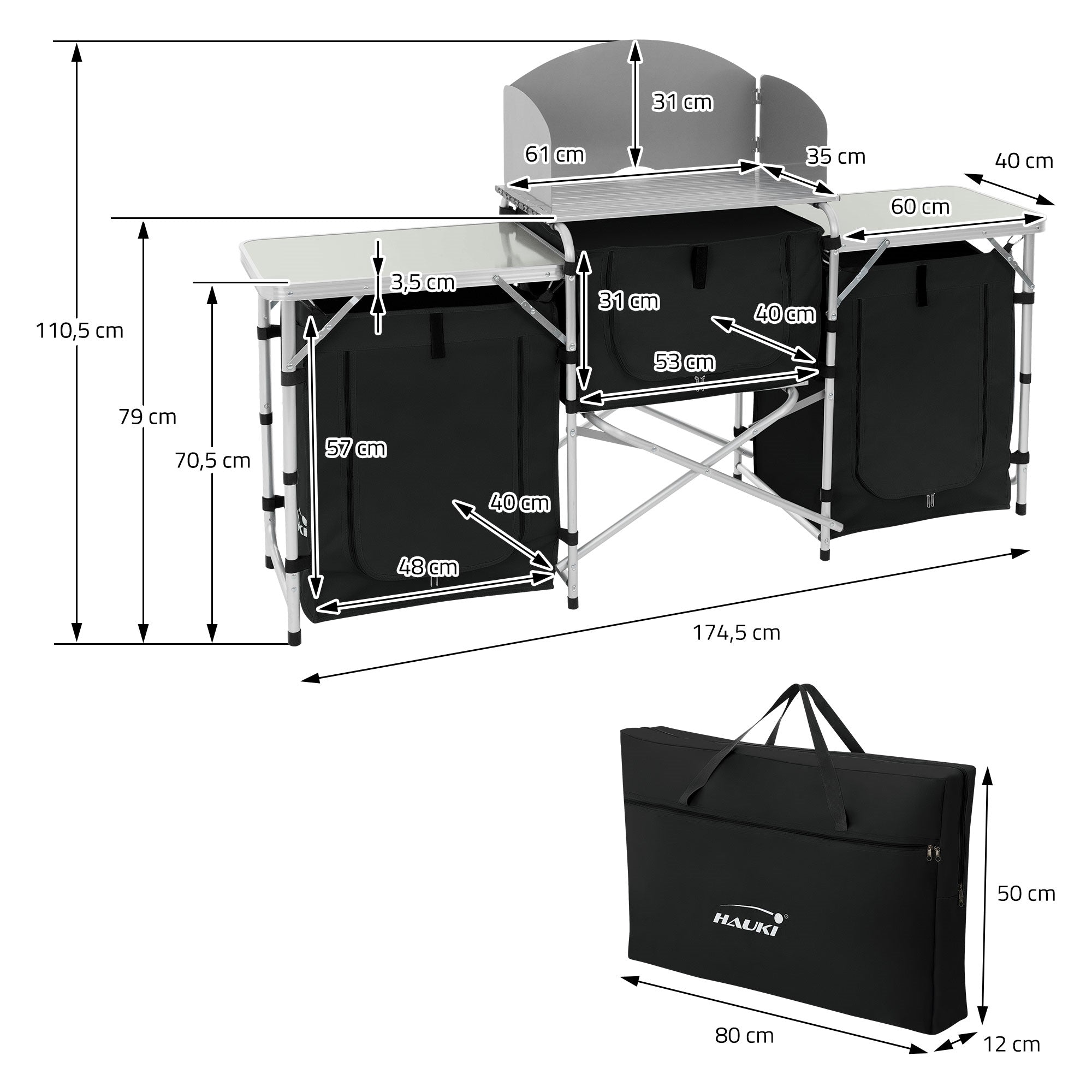 Dessin technique d'une cuisine de camping avec dimensions et sac de transport.