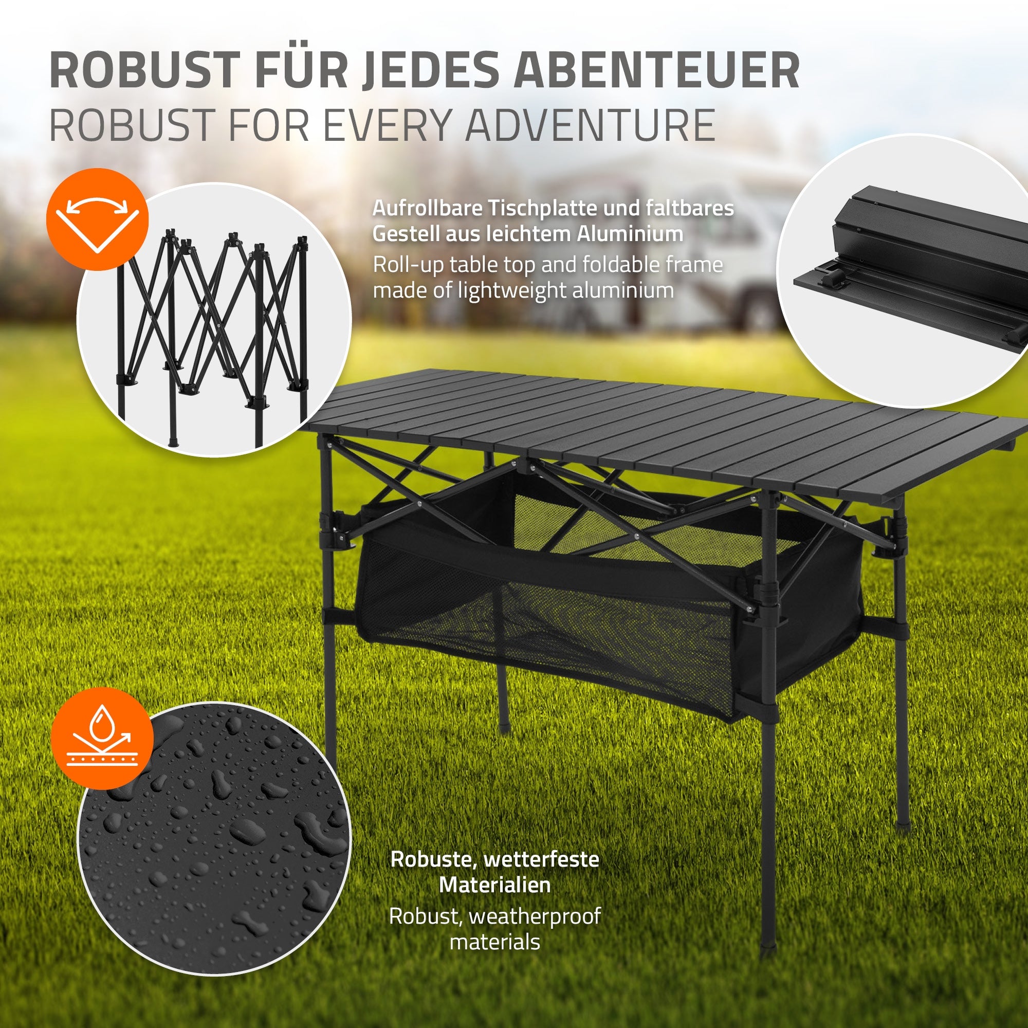 Tisch mit faltbarem Gestell aus Aluminium und wetterfestem Material.