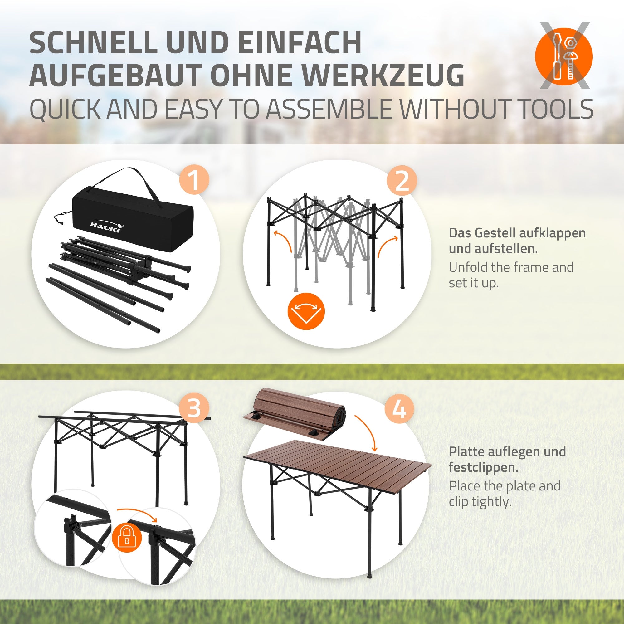 Anleitung zum einfachen Aufbau eines Tisches ohne Werkzeug.