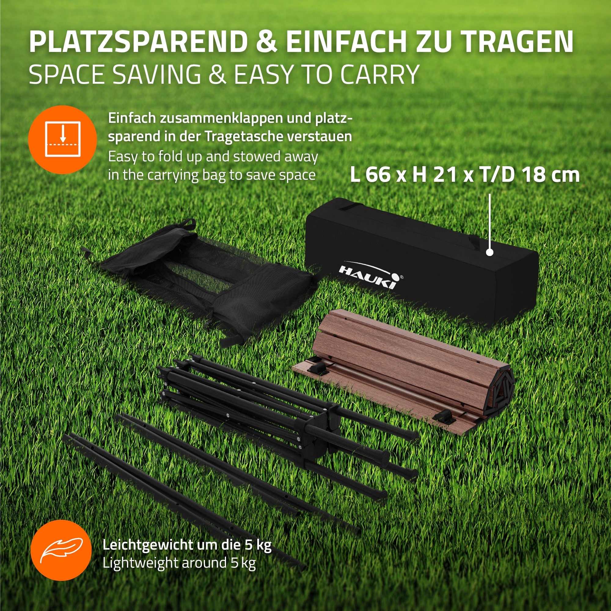 Grafik zeigt einen klappbaren Tisch und Tragetasche, leicht zu transportieren.