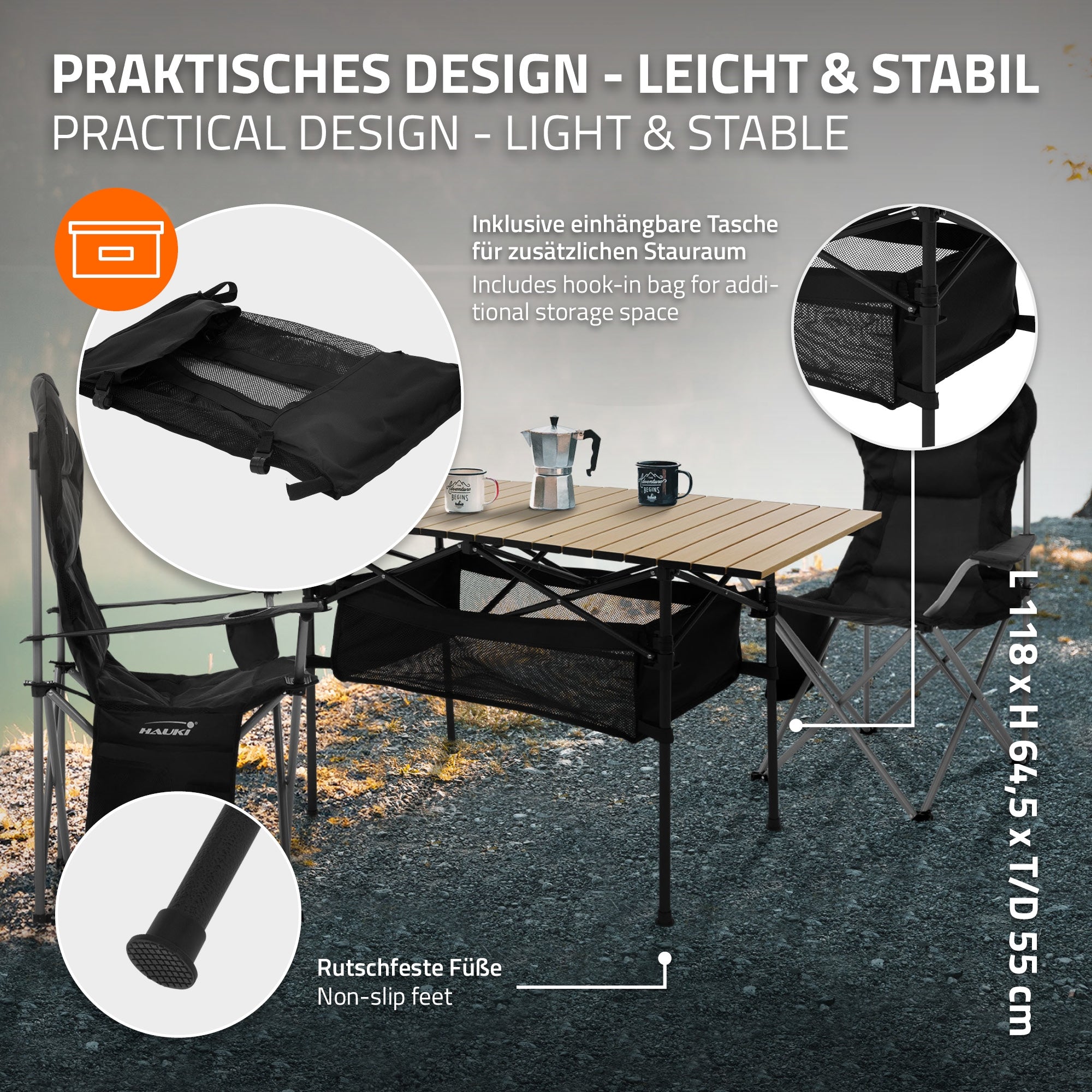 Grafiek met een stevige campingstoel en tafel, inclusief inhangtas.
