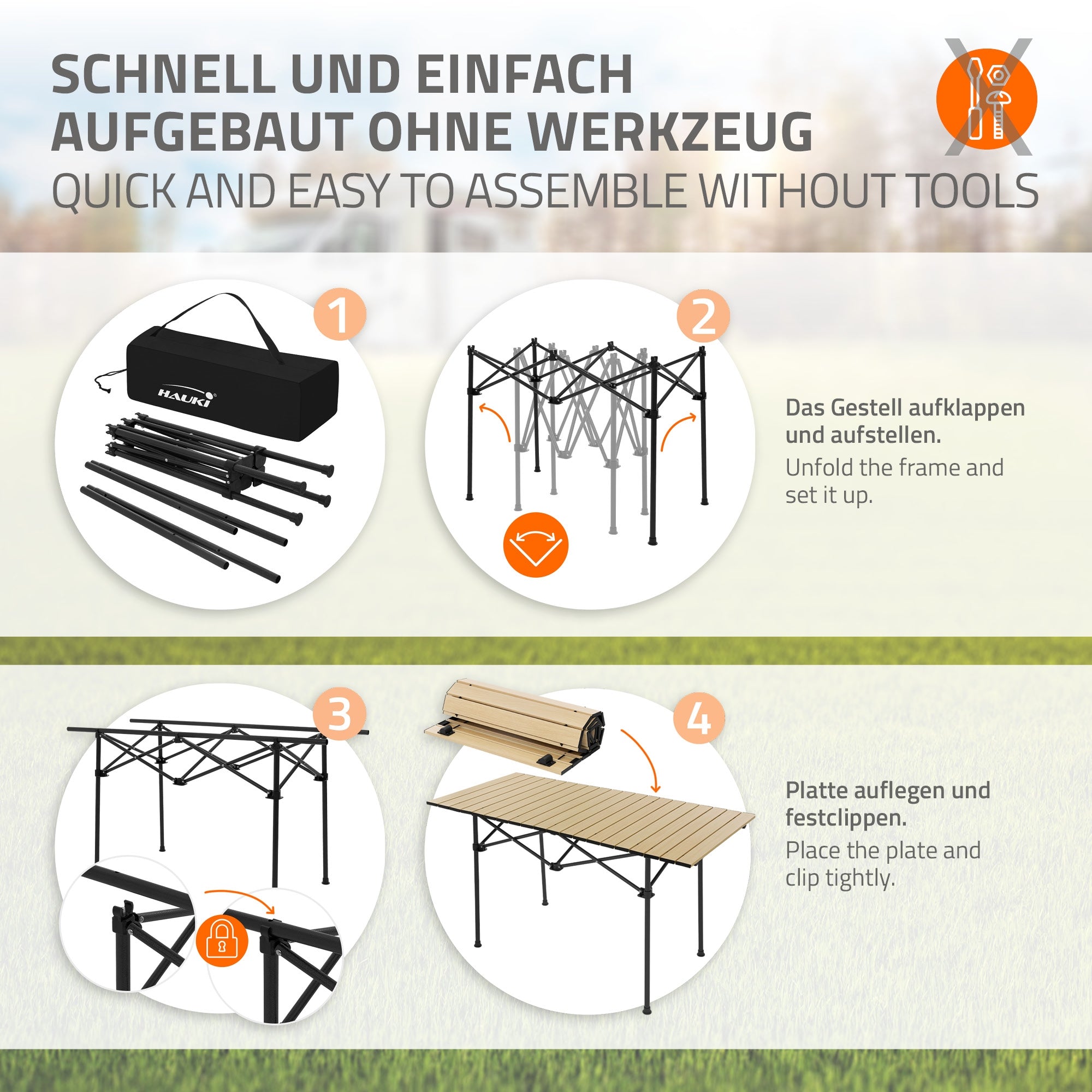 Handleiding voor het monteren van een campingtafel zonder gereedschap in vier stappen.