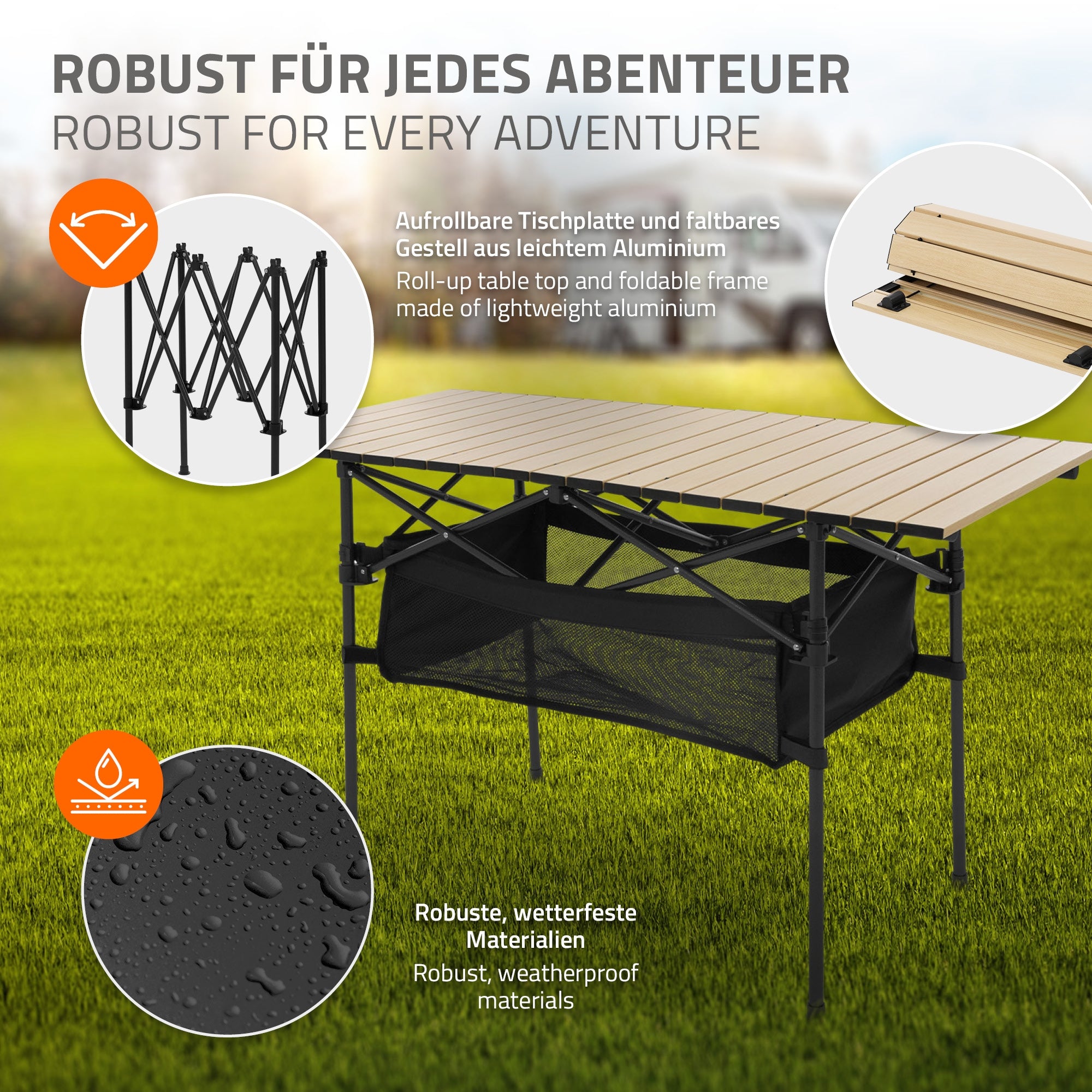 Opvouwbare campingtafel met houten blad en zwart frame.
