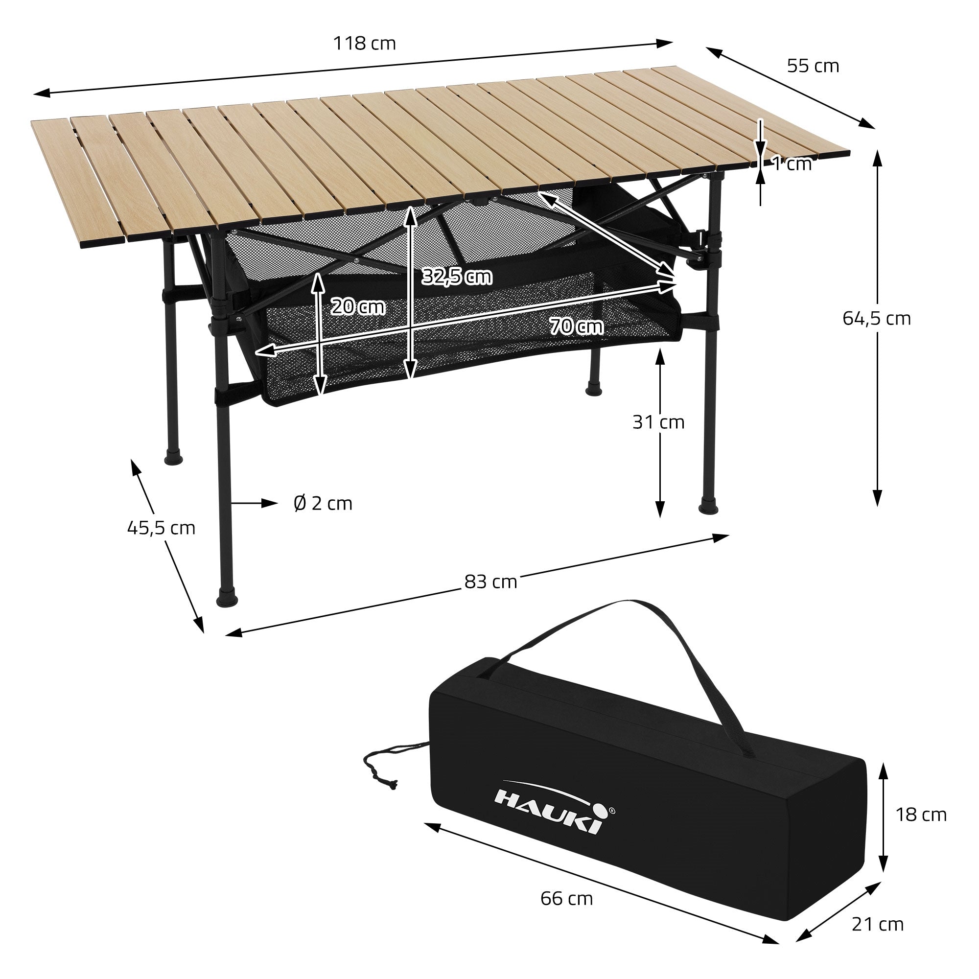Maatschets voor een tafel met houten blad en opbergruimte eronder.