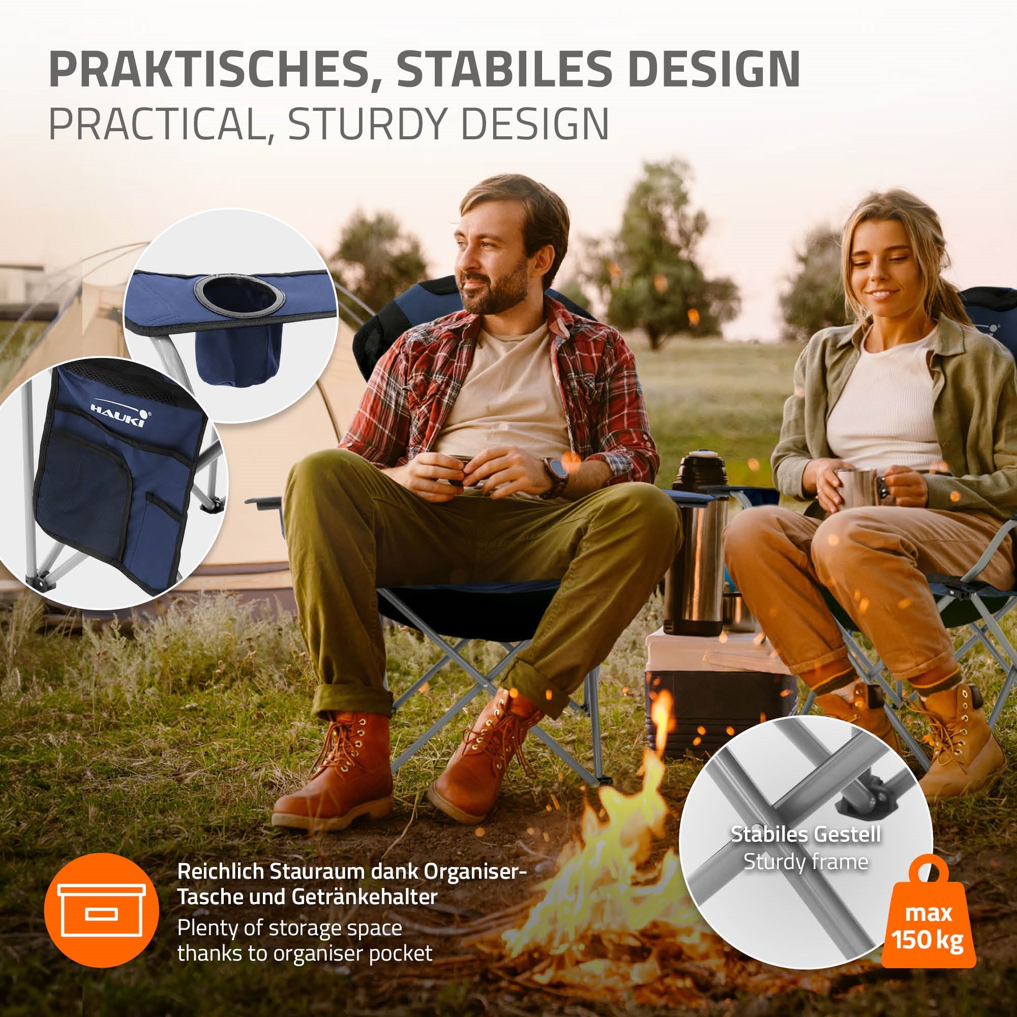 Faltstuhl mit Organizer-Tasche und stabilen Gestell.