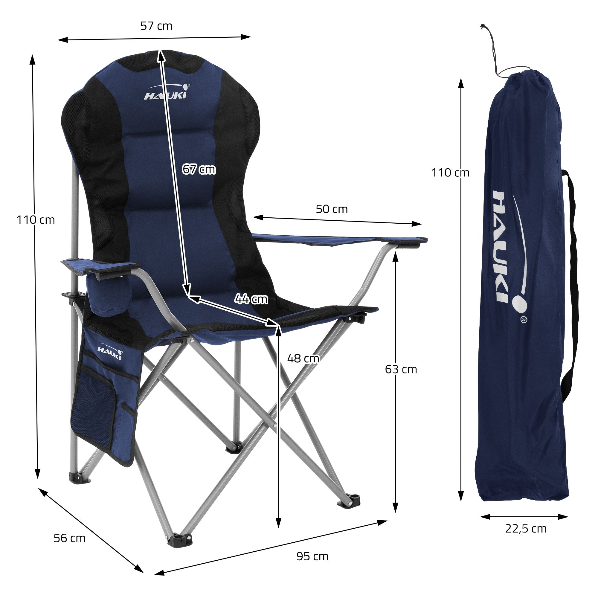 Une chaise pliante avec des dimensions sur un fond blanc.