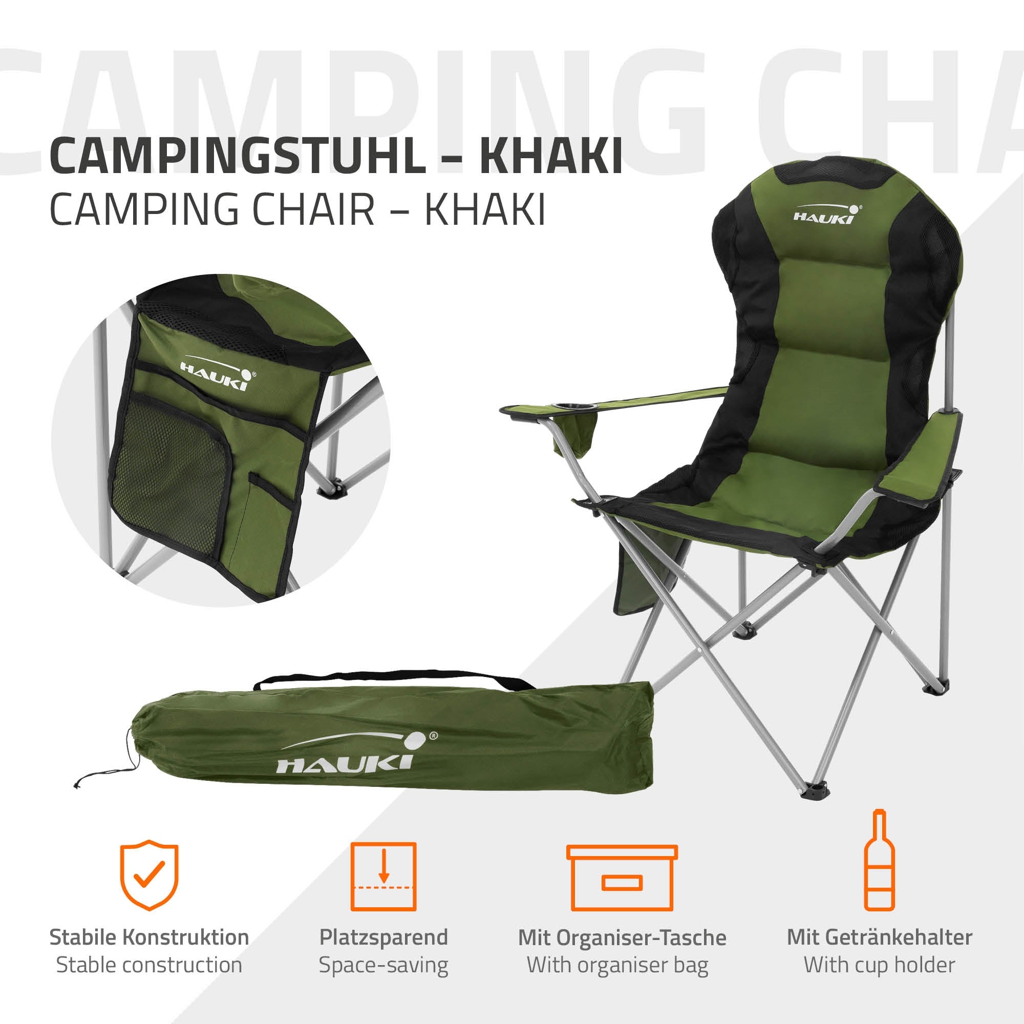 Campingstuhl in Khaki mit Organizer-Tasche und Getränkehalter.