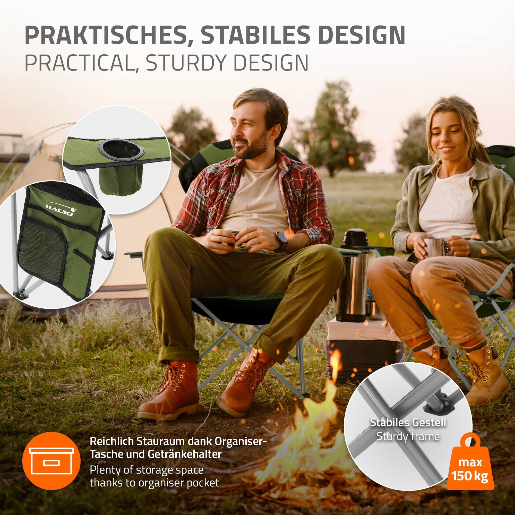 Camping chair with organizer bag and cup holder.