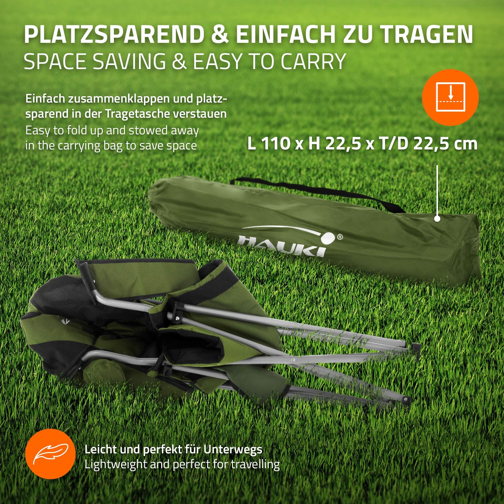 Carrying bag for camping chair, green with measurements.