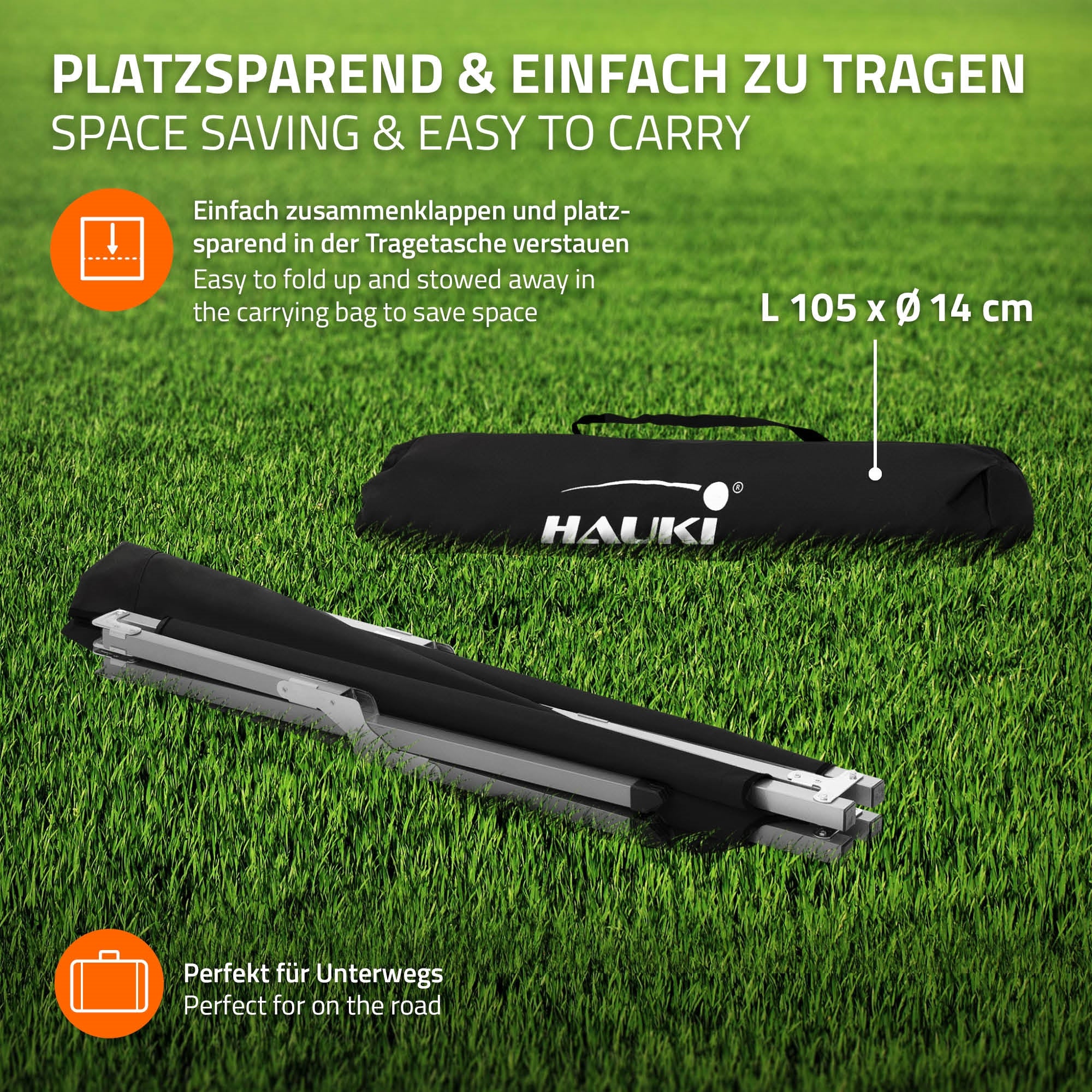 Tragetasche für ein platzsparendes Produkt auf grünem Rasen.