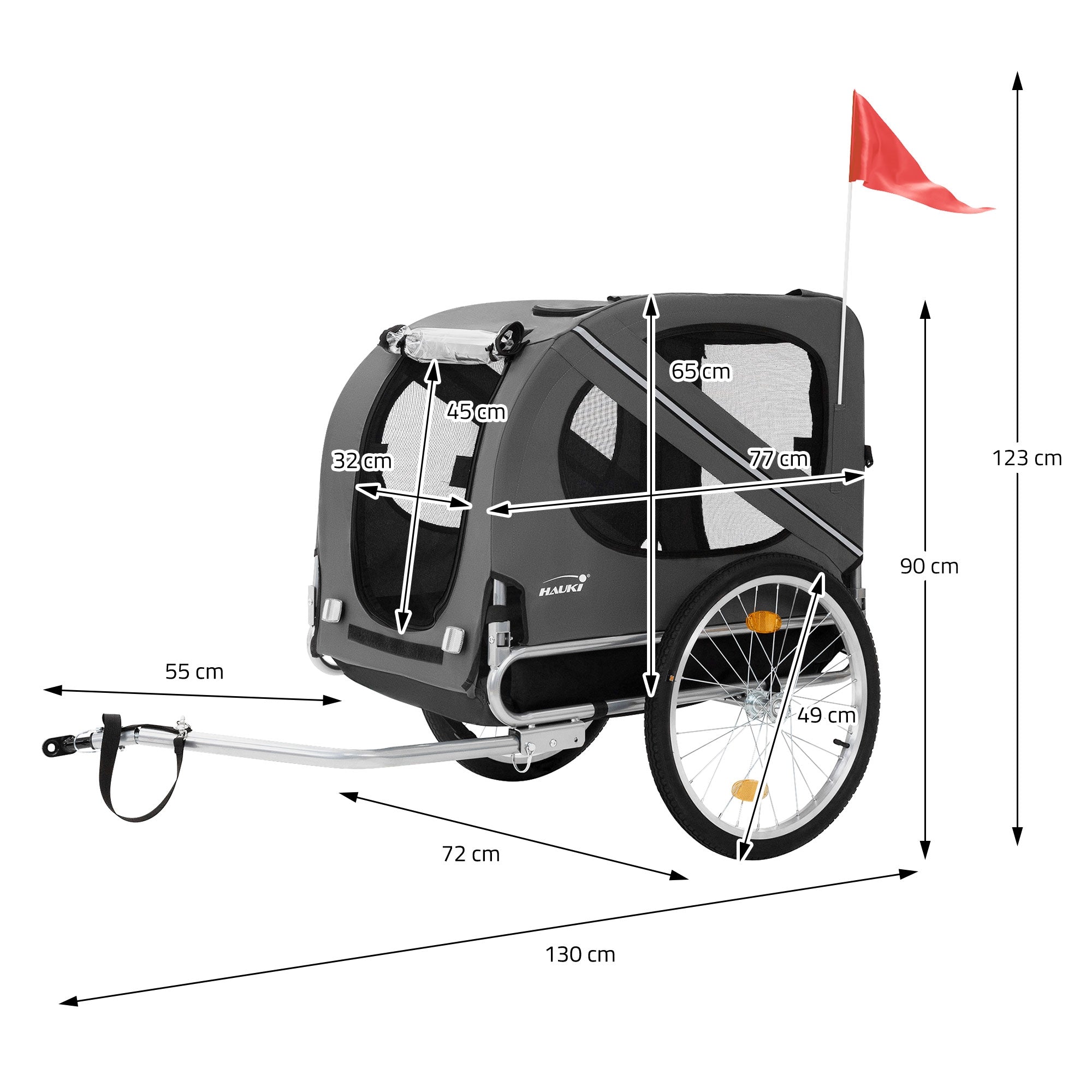 Dimension drawing of a dog trailer with measurements in cm.